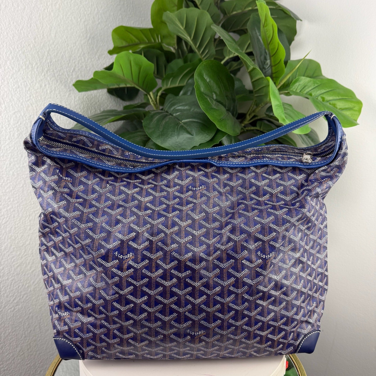 Goyard Coated Canvas Blue Hobo Zip Shoulder Bag Authentic Pre Owned