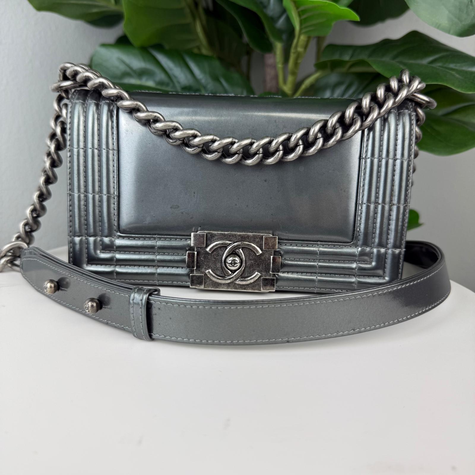 Authentic Pre-Owned Chanel Patent Leather Boy Bag Black Silver Gunmeta