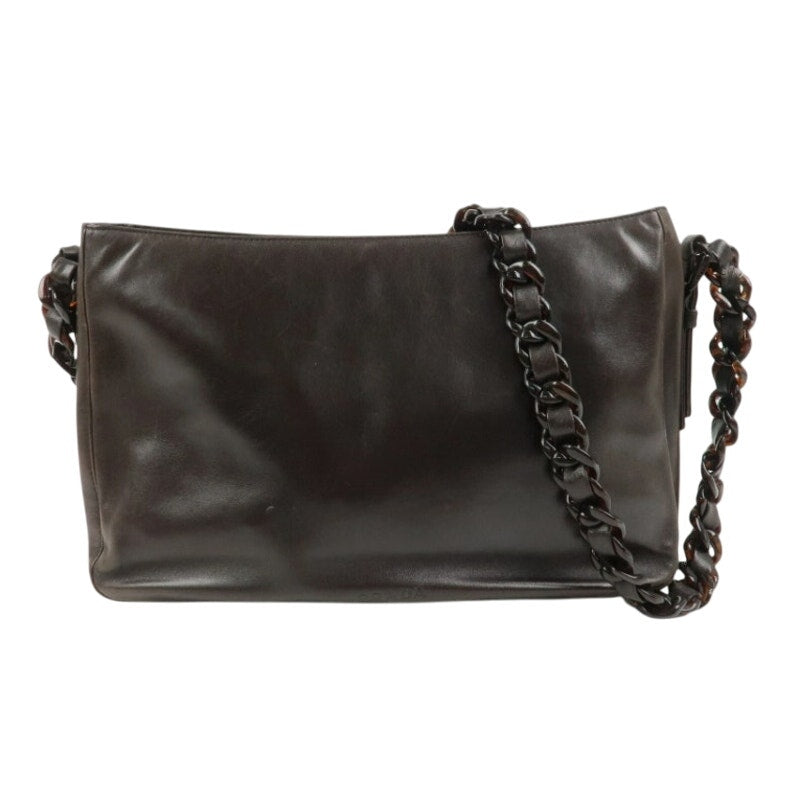 Authentic PRADA Logo Suede Leather Plastic Chain Shoulder Bag Brown