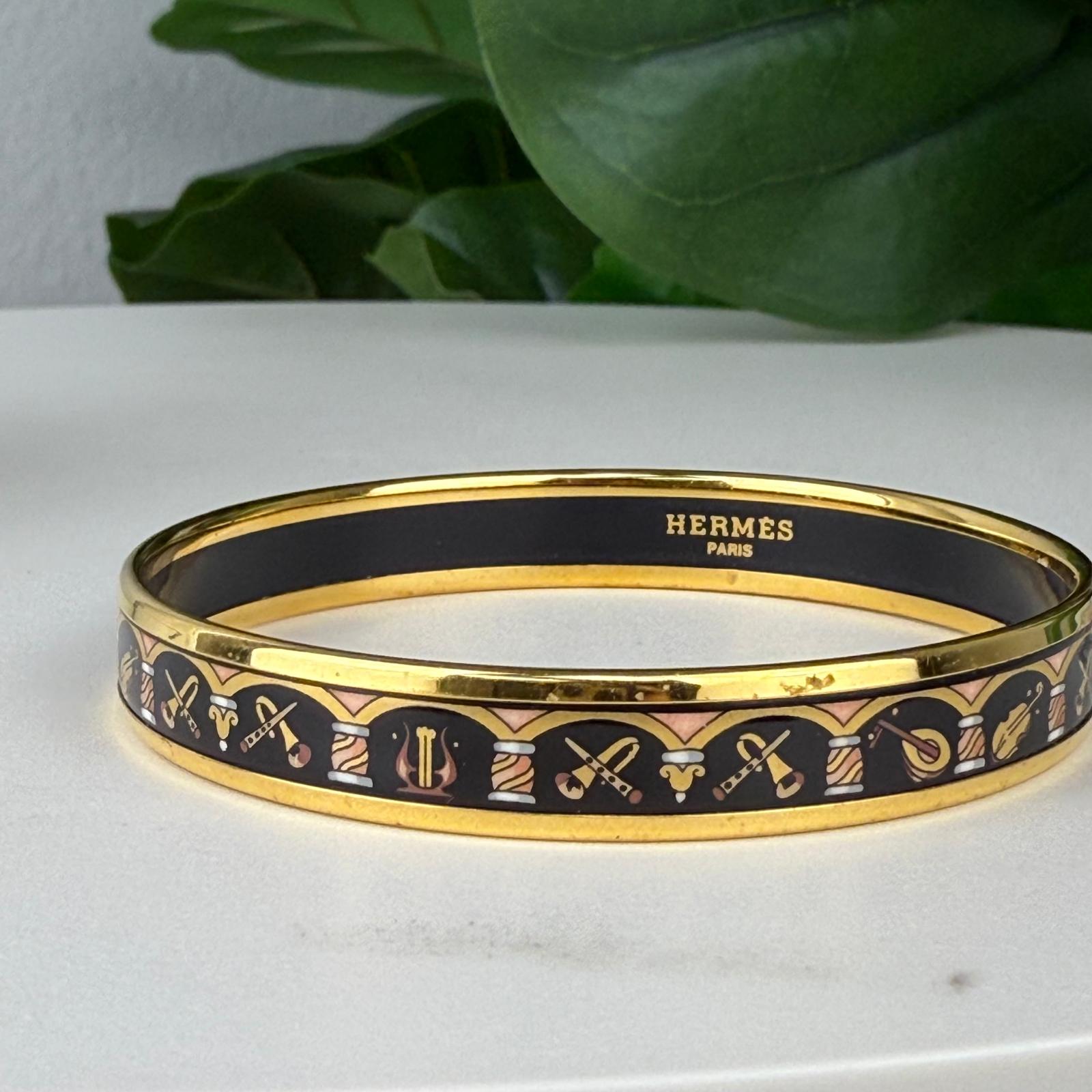 Authentic Hermes Black Narrow Musical Instruments Enamel Bangle Size 7 3/4