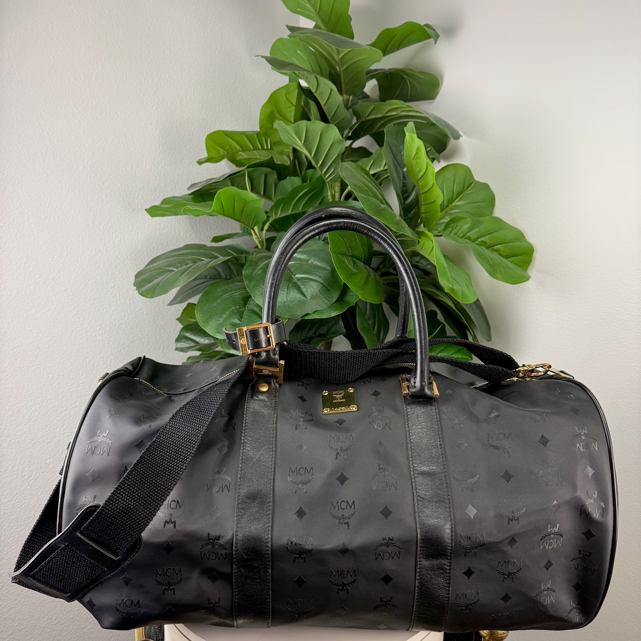 Authentic MCM Black Visetos Coated Canvas Large Travel Duffle Bag