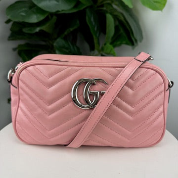 Authentic Gucci GG Marmont Pink Matelassé Leather Camera Bag