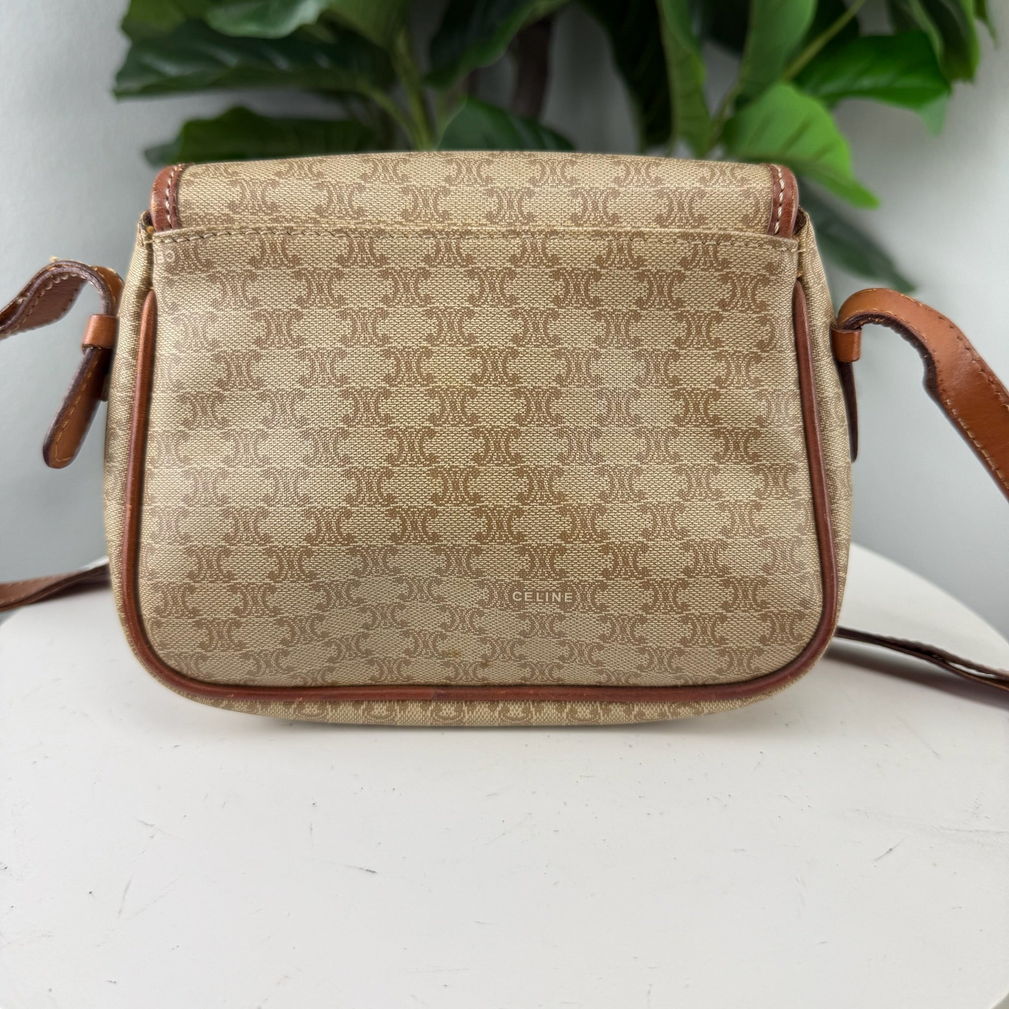 Authentic Celine Vintage Macadam Coated Canvas & Brown Leather Crossbody Bag - Certificate of Authenticity Included