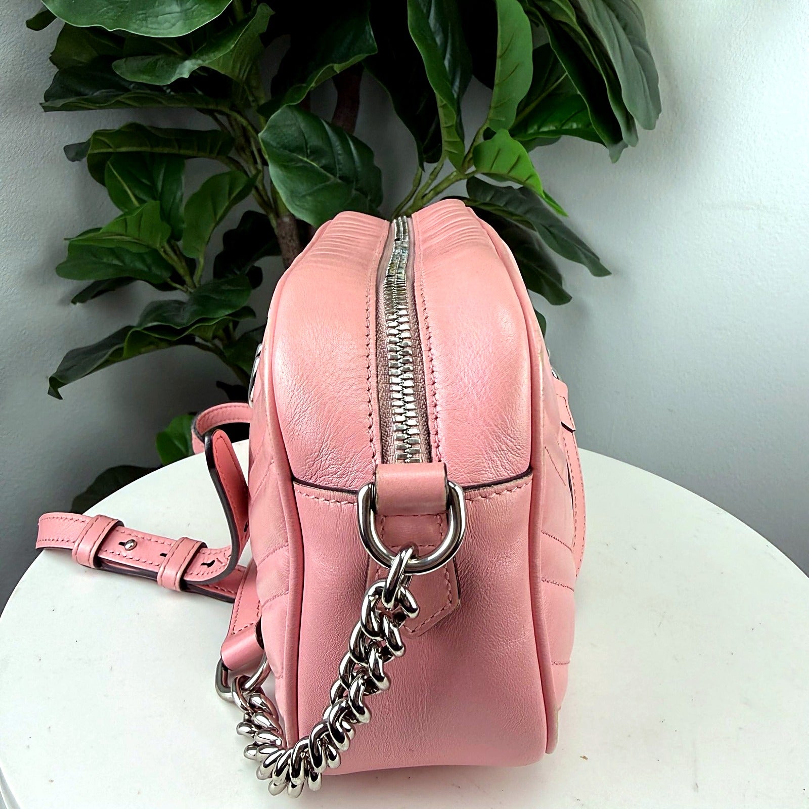 Authentic Gucci GG Marmont Pink Matelassé Leather Camera Bag