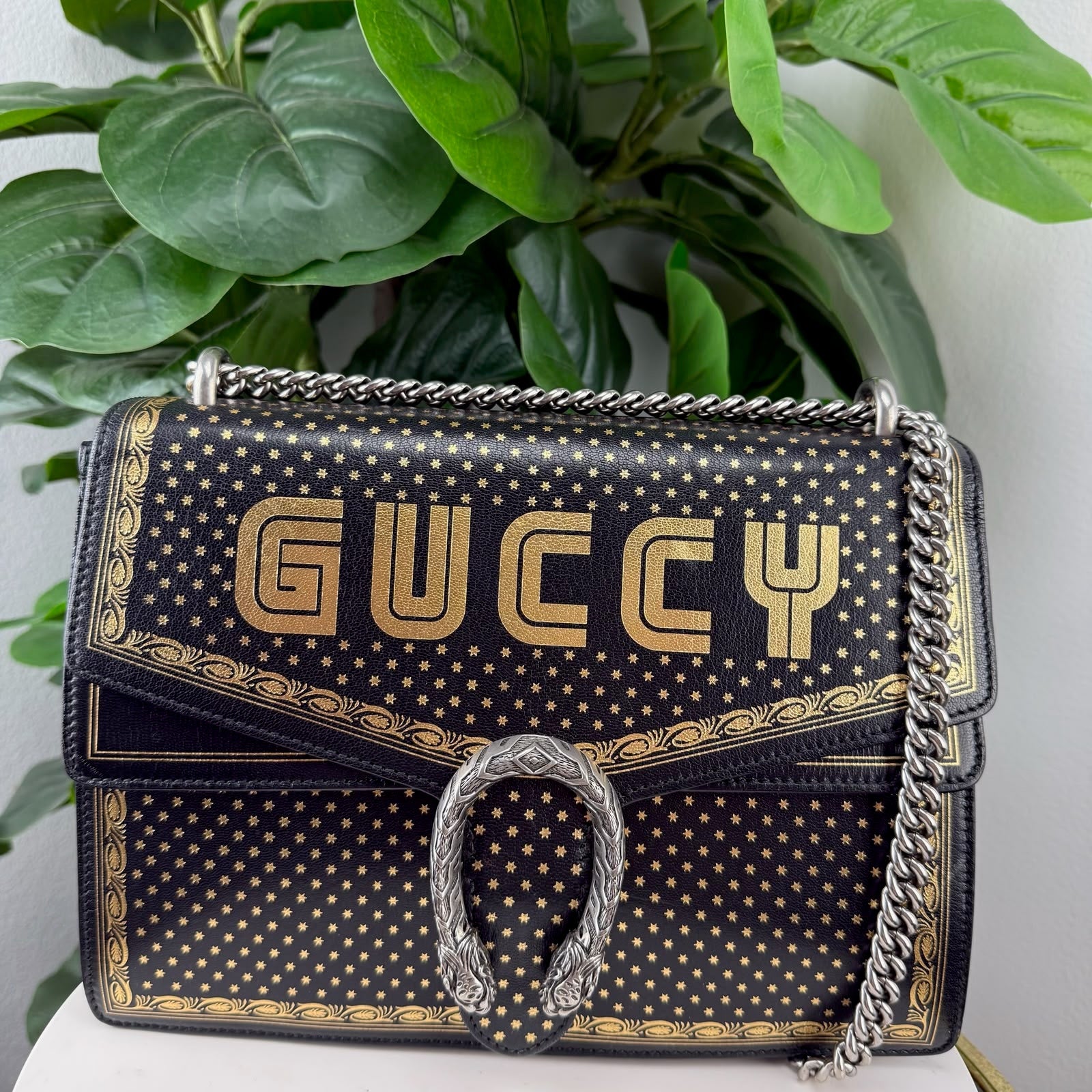 A43💎✨ Authentic Gucci Dionysus Black & Gold Medium Shoulder Bag