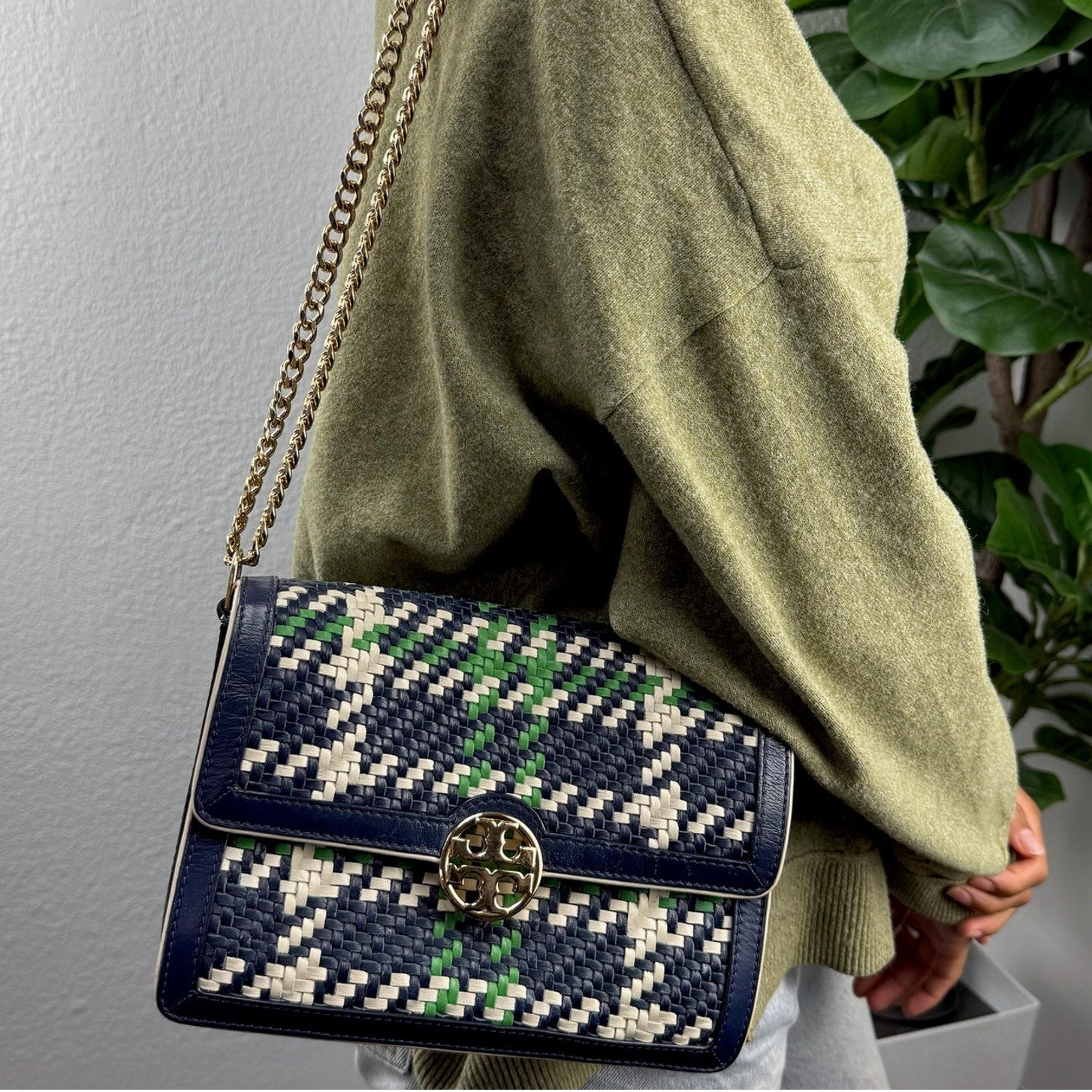 Tory Burch Duet Chain Convertible Woven Leather Shoulder Bag