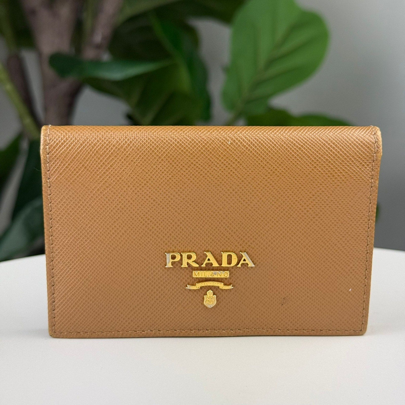 Authentic PRADA Card case Saffiano Leather Light Brown
