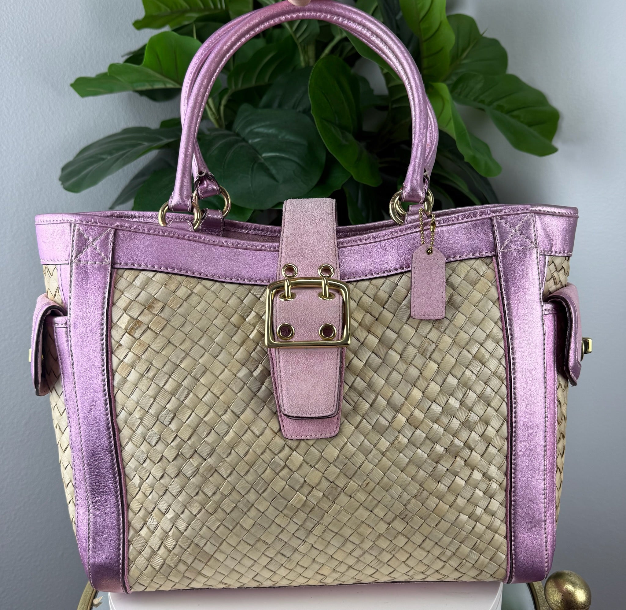 Authentic Coach Natural Woven Straw & Metallic Pink Leather Tote Bag