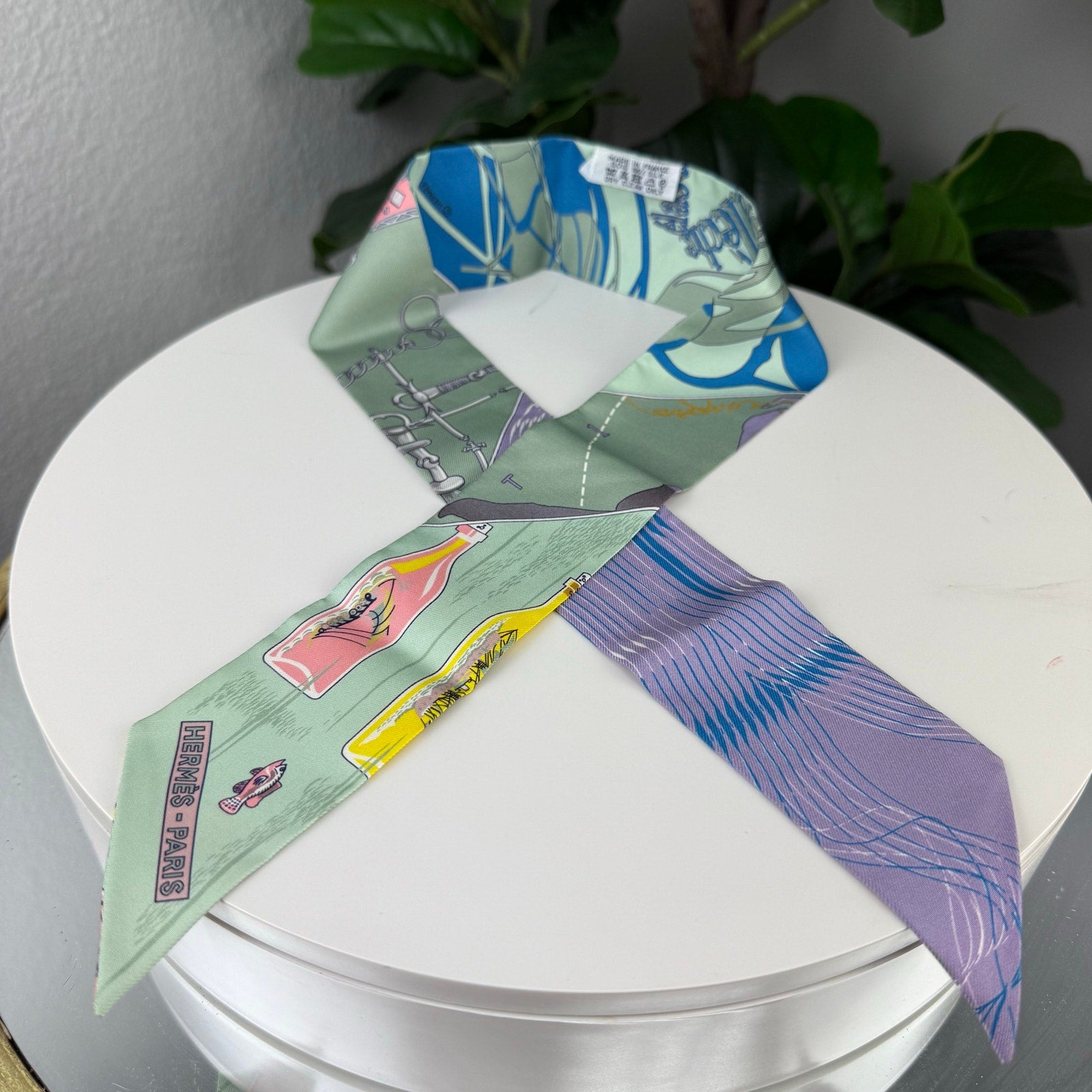 Authentic Hermes Caleche Mors et Bouteilles Bottle Print Green Blue Purple Silk Twilly Scarf