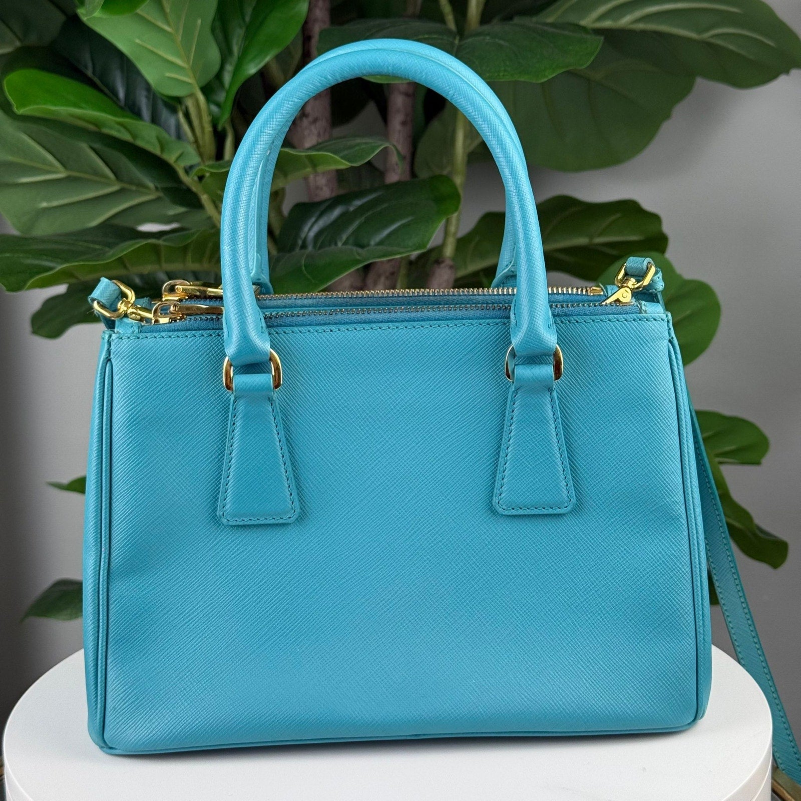Authentic PRADA Galleria Saffiano Lux Leather 2Way Bag Hand Bag Blue