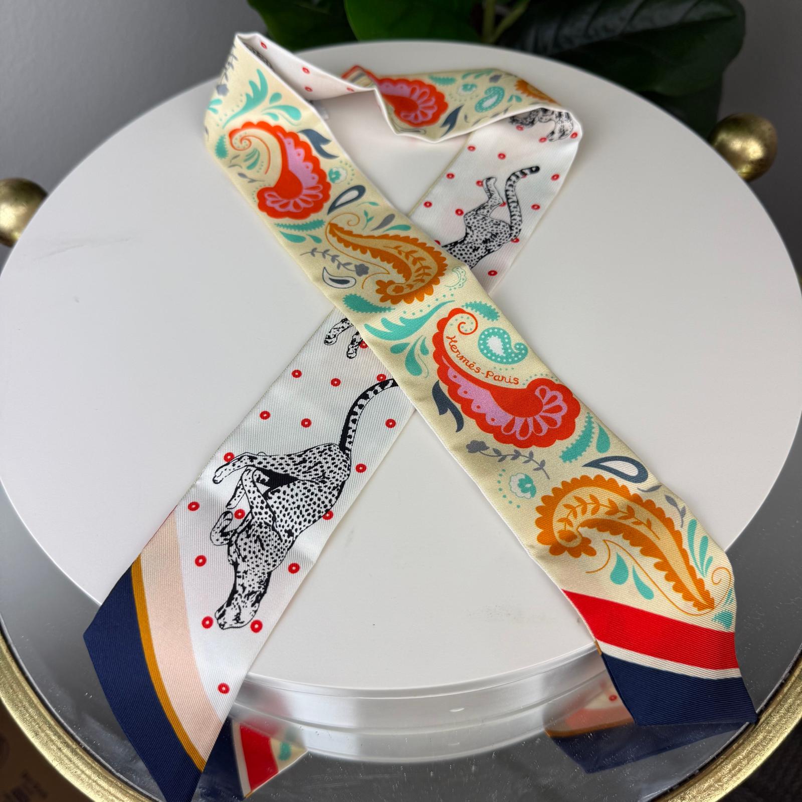 Authentic Hermes Twilly Guepards Bandana Jaune Soufre Orange Scarf