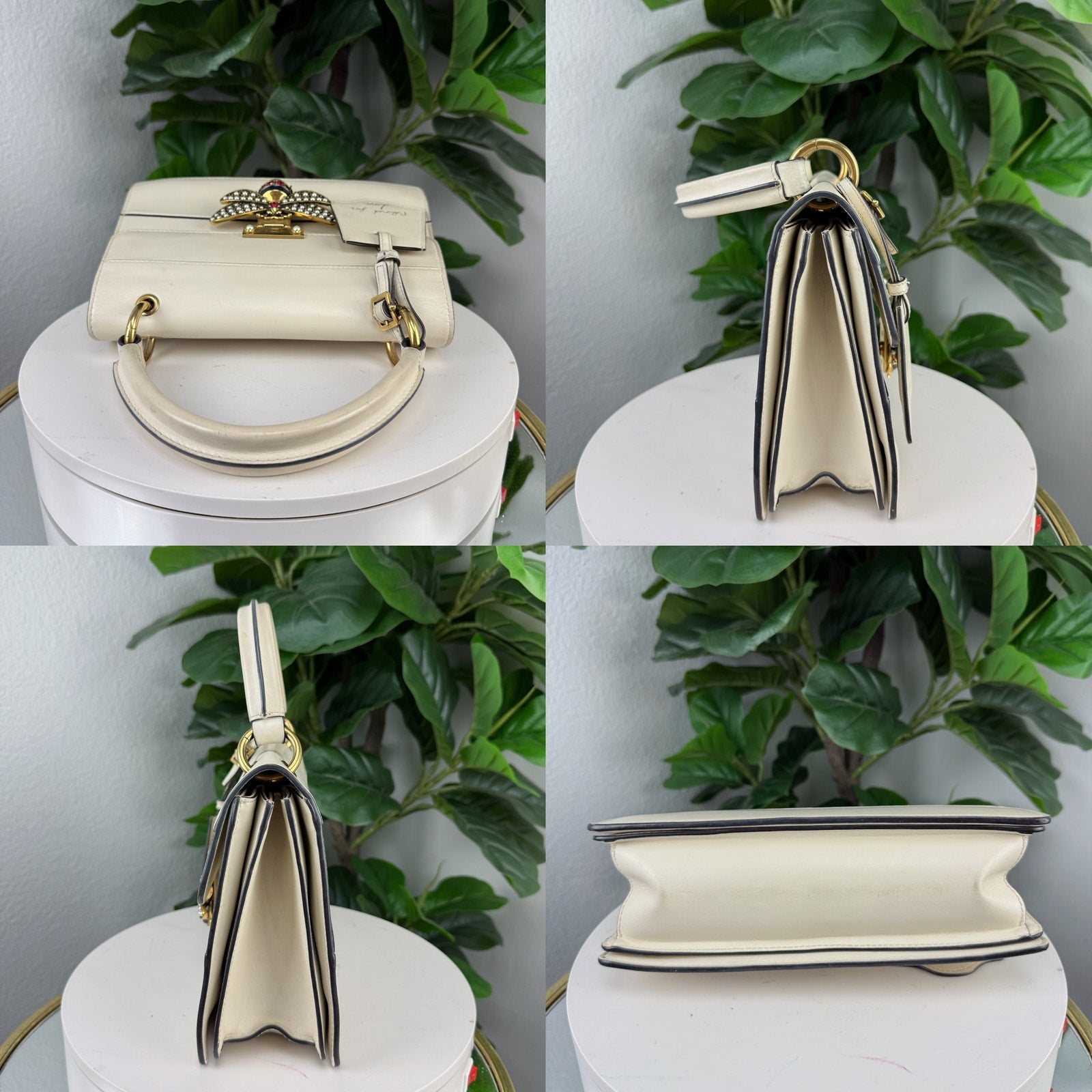 Gucci Queen Margaret Leather Bee Ivory Top Handle Shoulder Bag Authentic Pre Owned