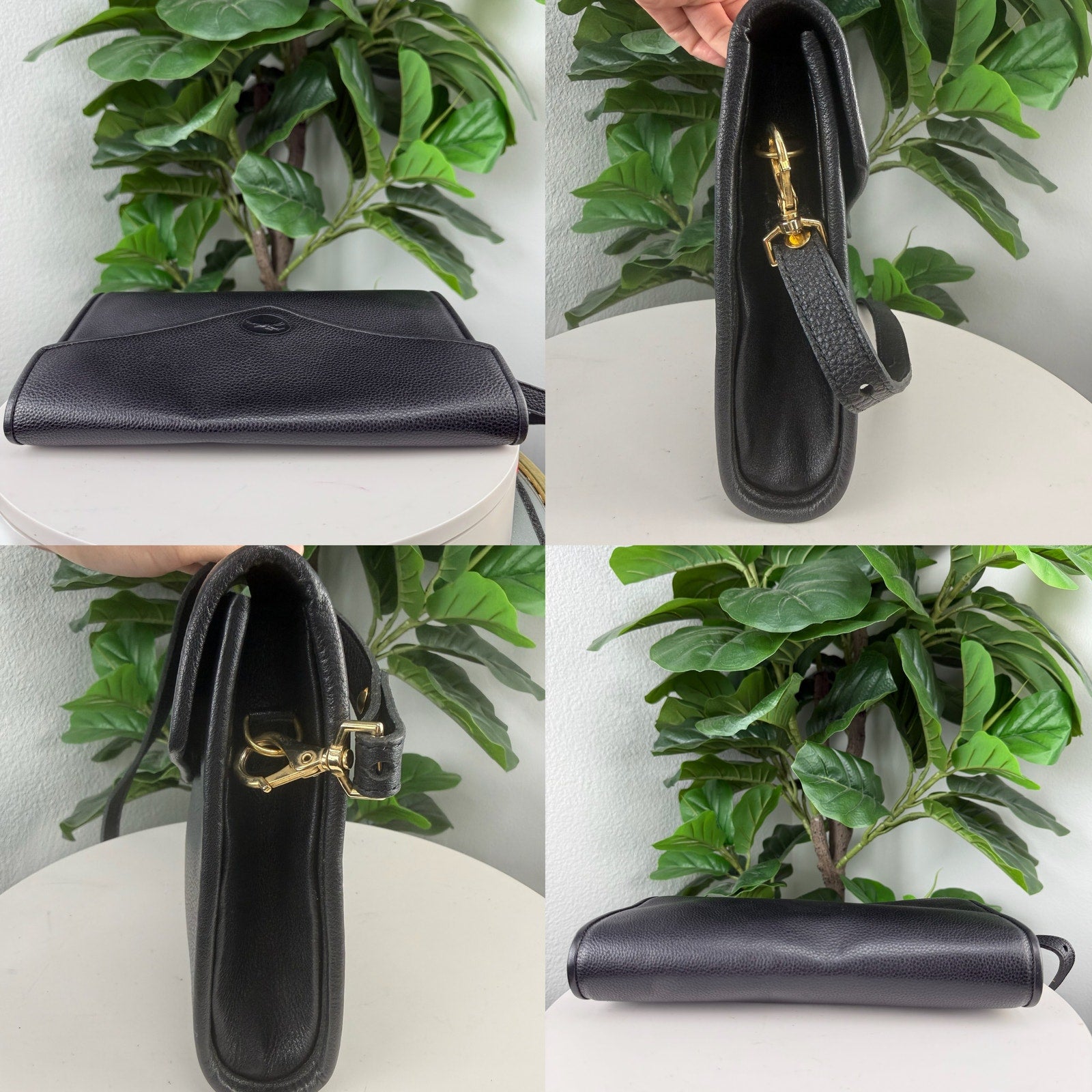 Longchamp Pebbled Leather Black Envelope Flap Crossbody Bag Authentic Pre Owned