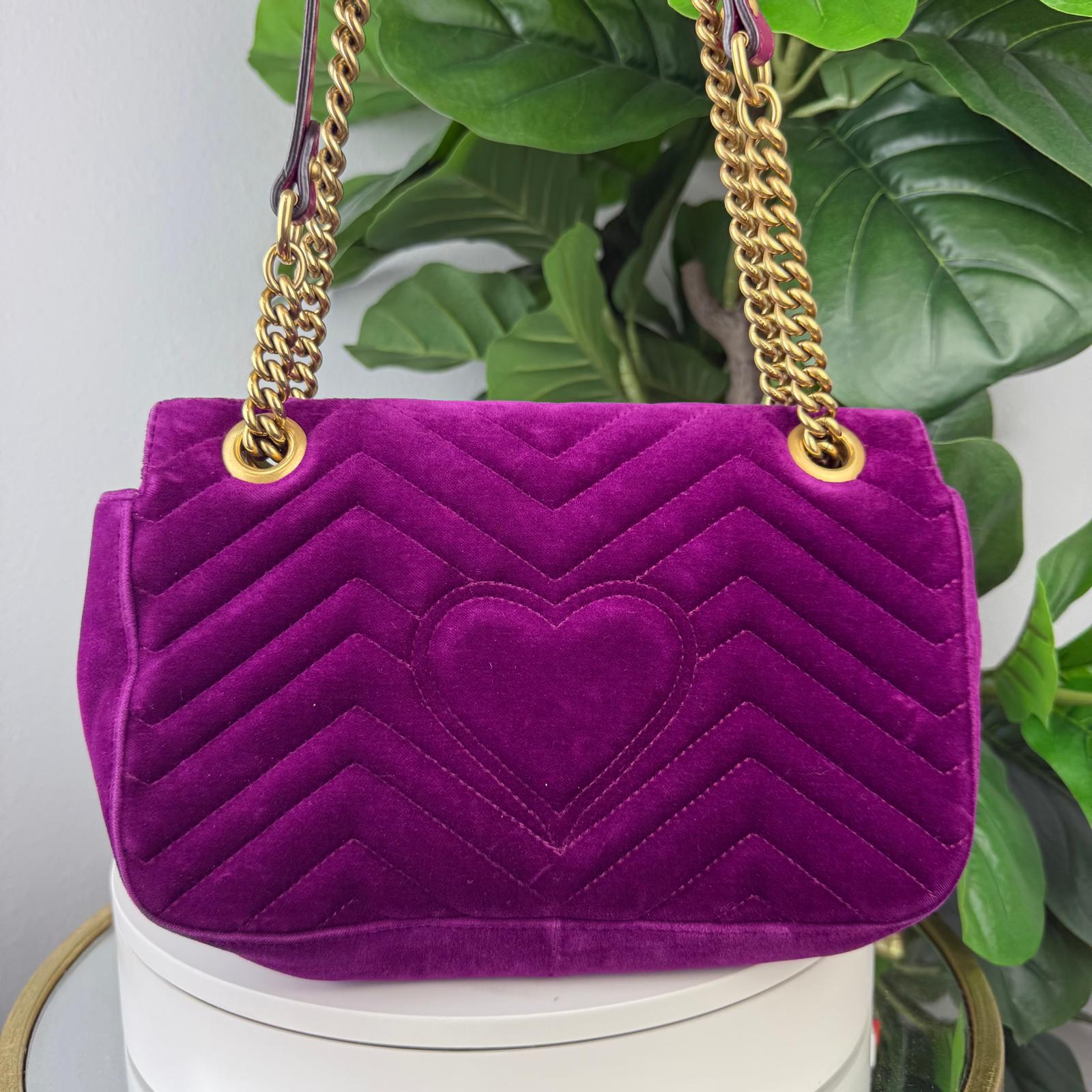 Authentic GUCCI Velvet Matelasse GG Marmont Shoulder Bag Purple Small