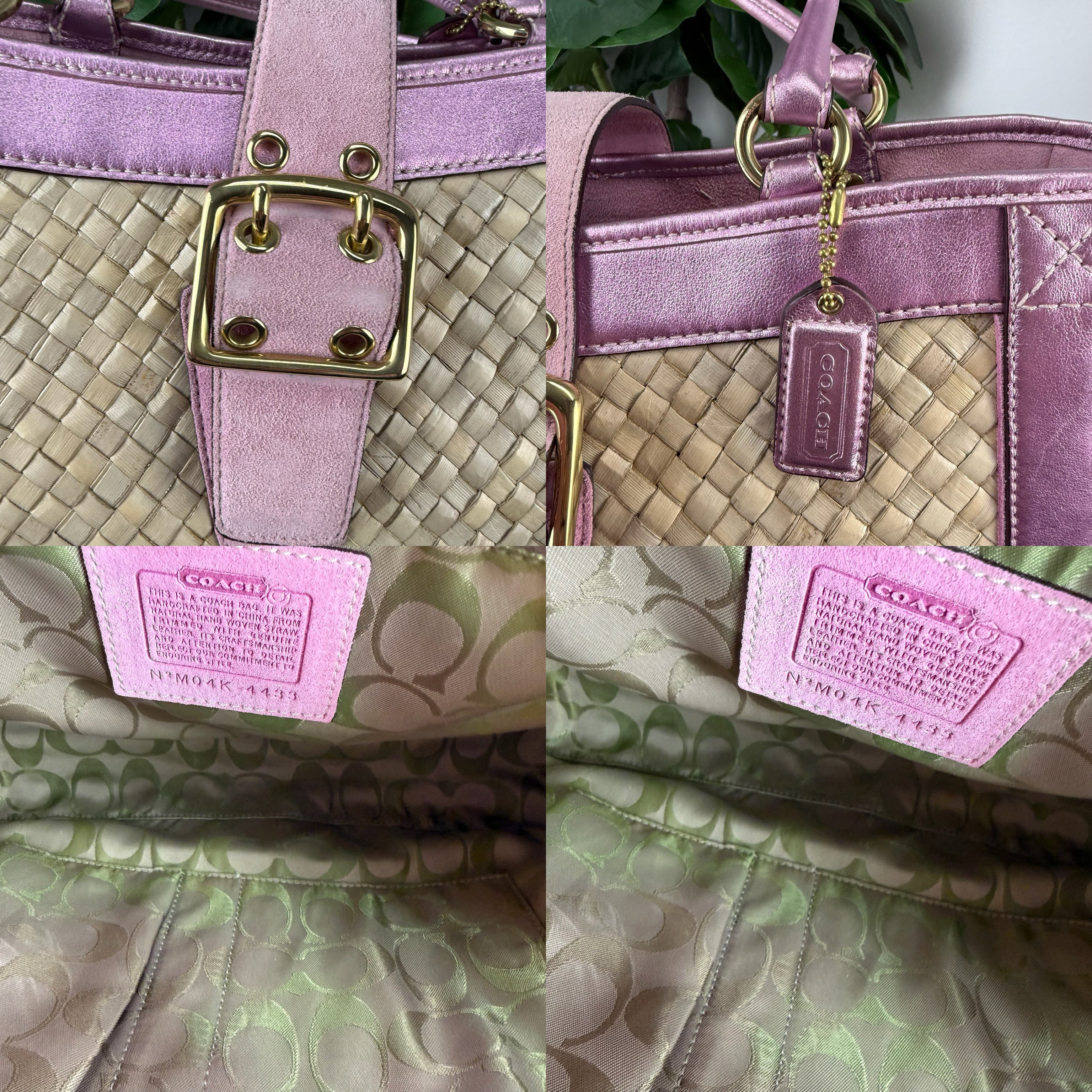 Authentic Coach Natural Woven Straw & Metallic Pink Leather Tote Bag