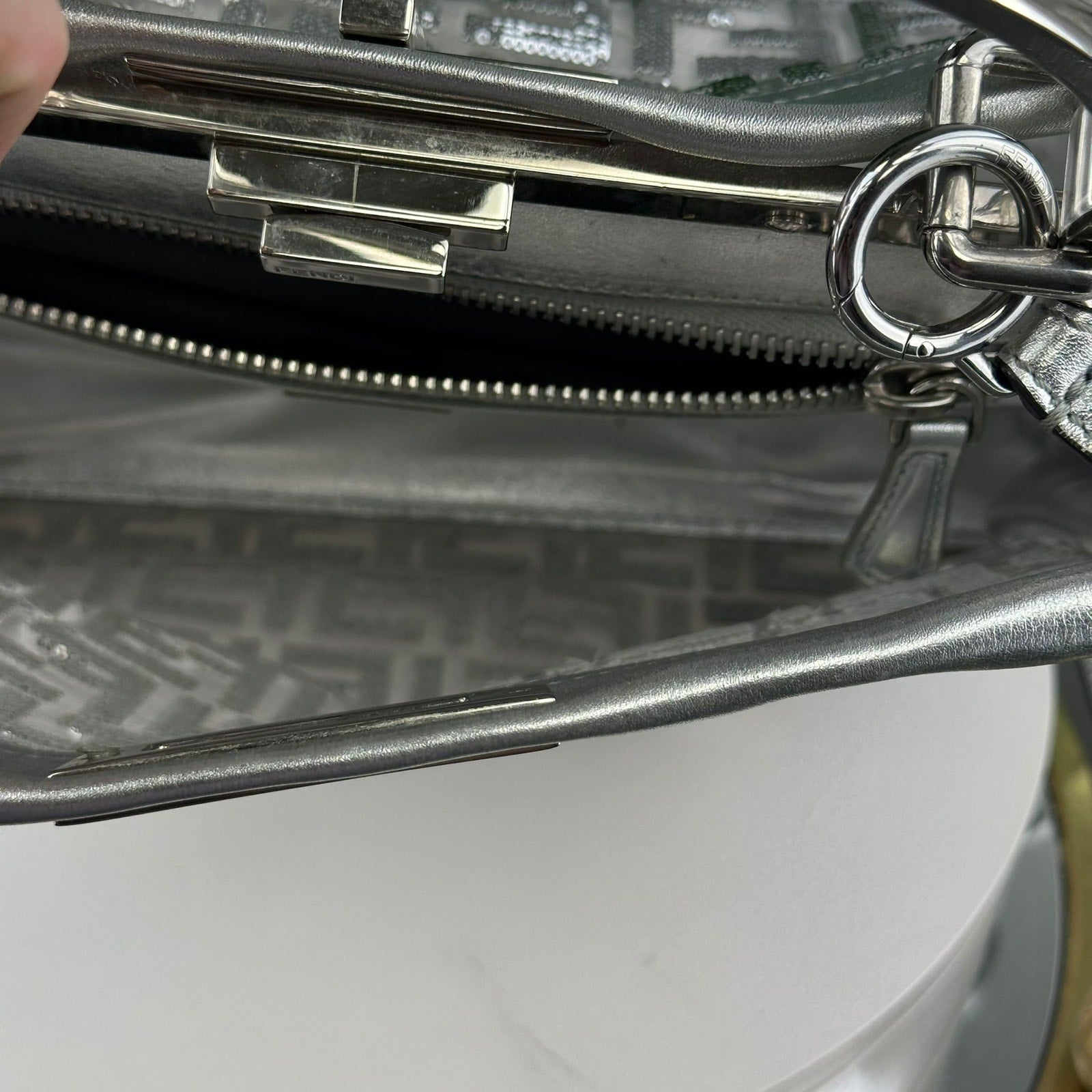 💎Authentic LIMITED EDITION FENDI  PVC Vitello Catalan Mirror Sequin FF Medium Peekaboo Iconic Satchel Argento