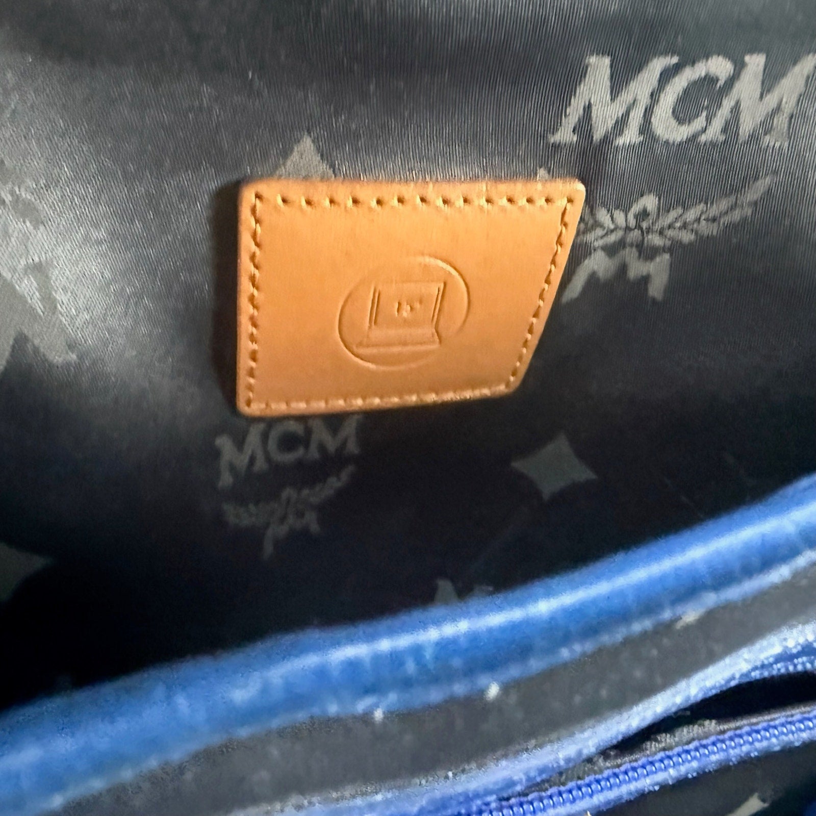 MCM Stark Studded Visetos Blue Leather Backpack Authentic Pre Owned