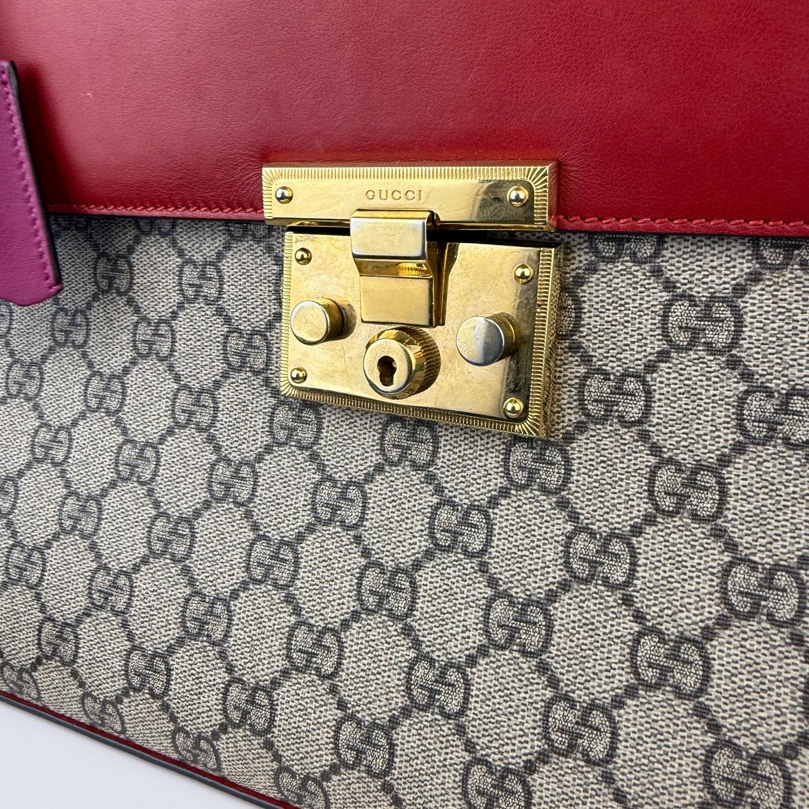 Authentic Gucci Red GG Supreme Coated Canvas and Leather Signature Padlock Hand Bag