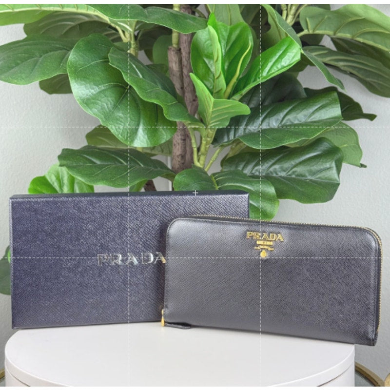 Authentic PRADA Saffiano Leather Zip Around Long Wallet Black