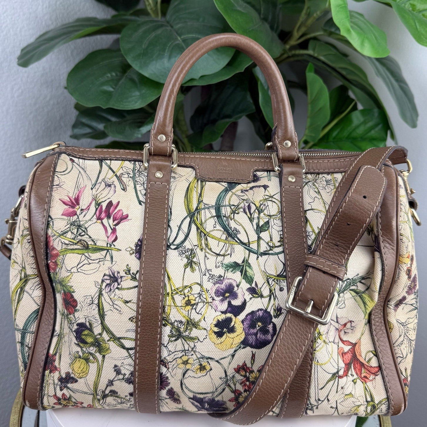 Gucci Flora Print Medium Boston Bag Canvas Leather Crossbody Authentic Pre Owned