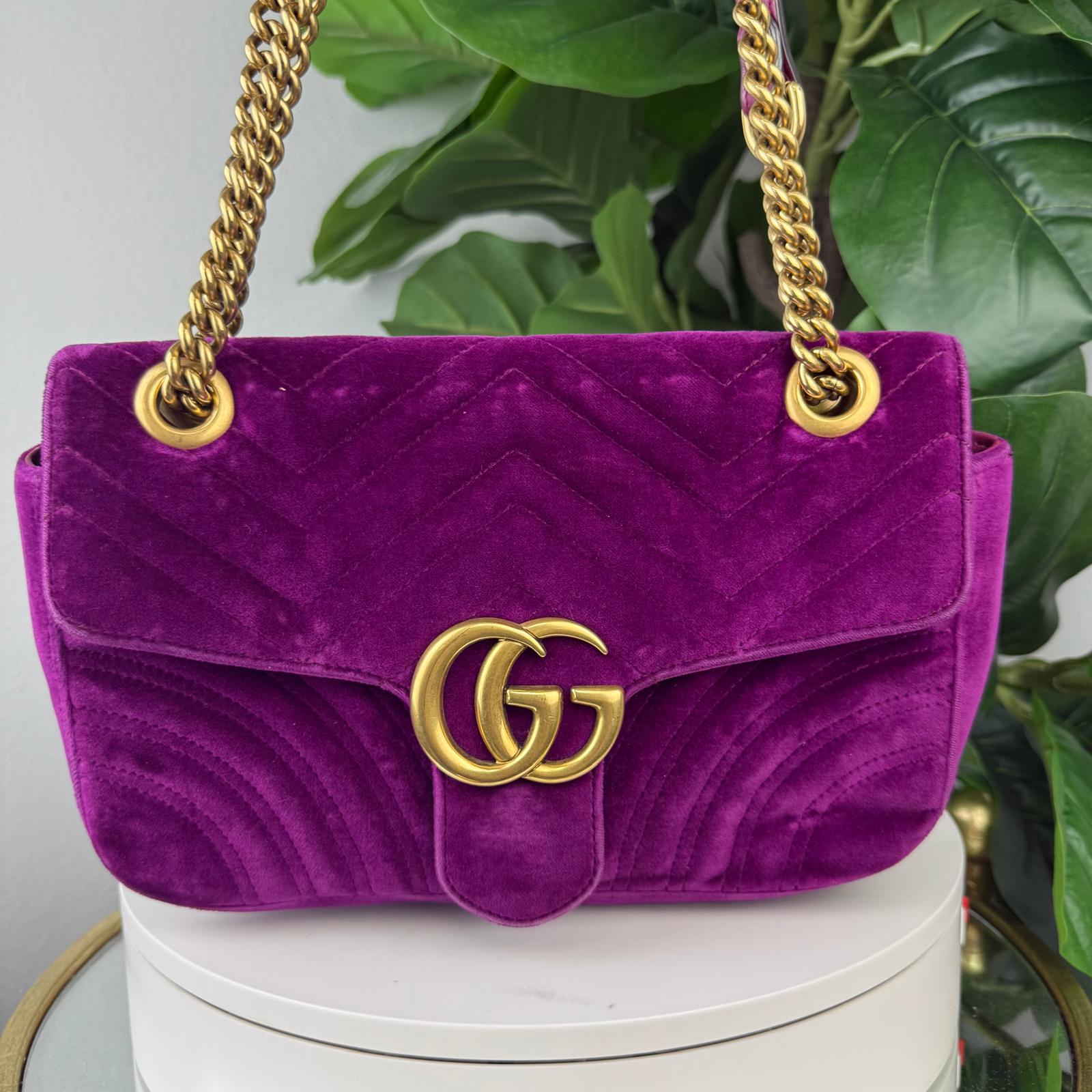 Authentic GUCCI Velvet Matelasse GG Marmont Shoulder Bag Purple Small