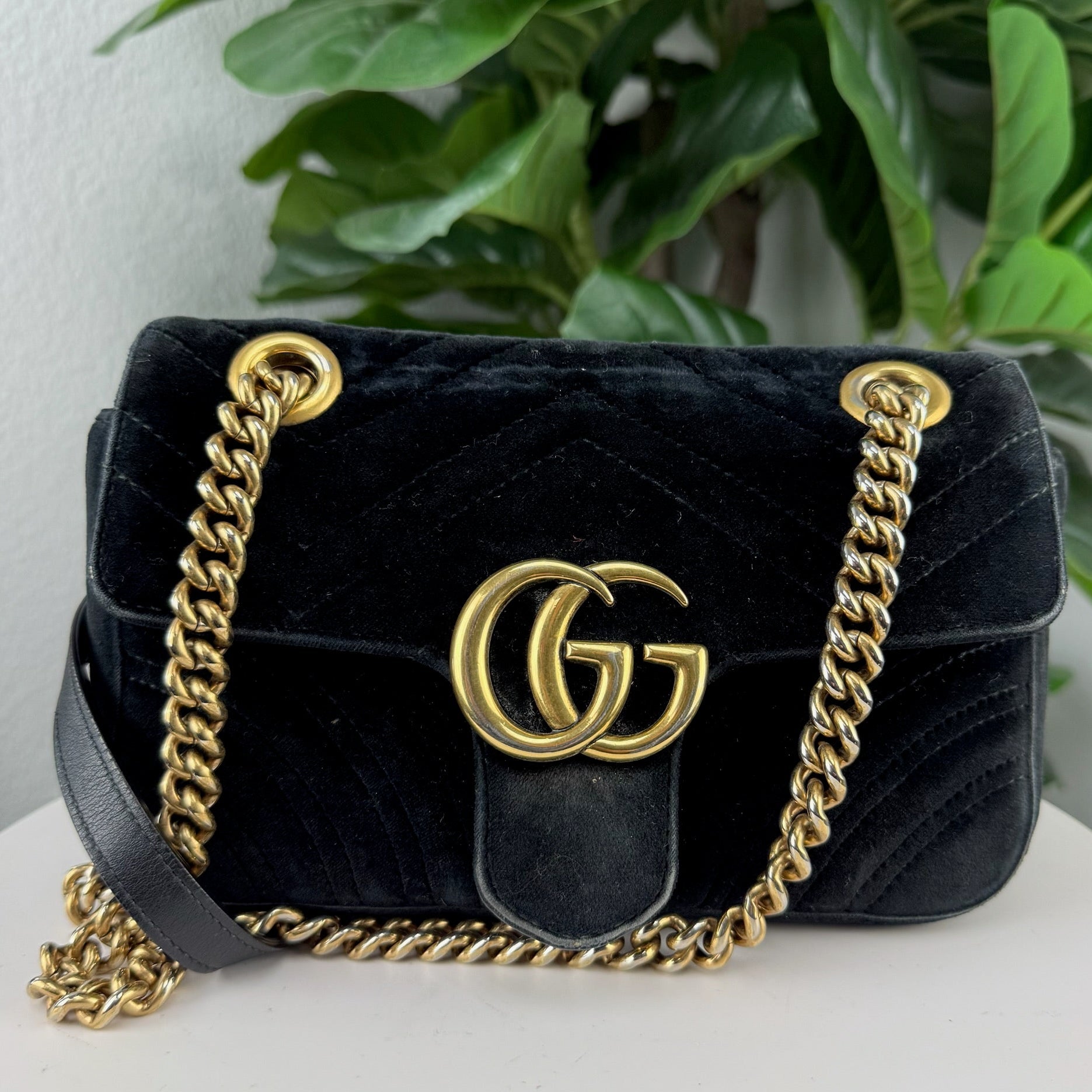 Authentic Gucci GG Marmont Black Chevron Velvet Shoulder Bag