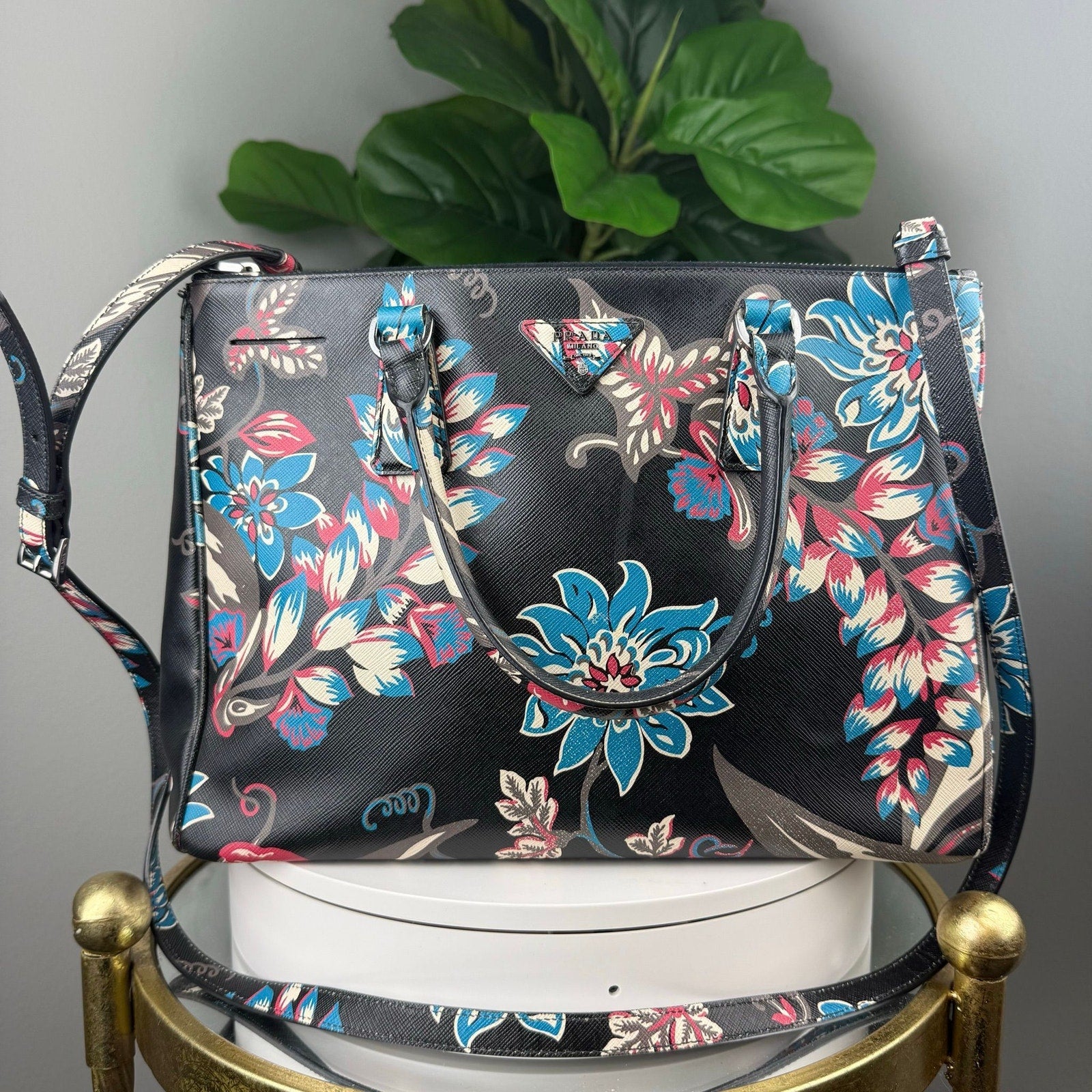 💎Authentic Prada Saffiano Floral Print Galleria Front Pocket Tote Black Multicolor