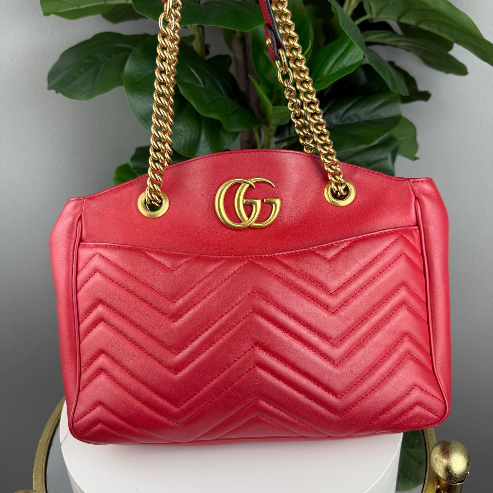 Authentic Gucci Red Quilted Leather Marmont Metelasse Tote Bag
