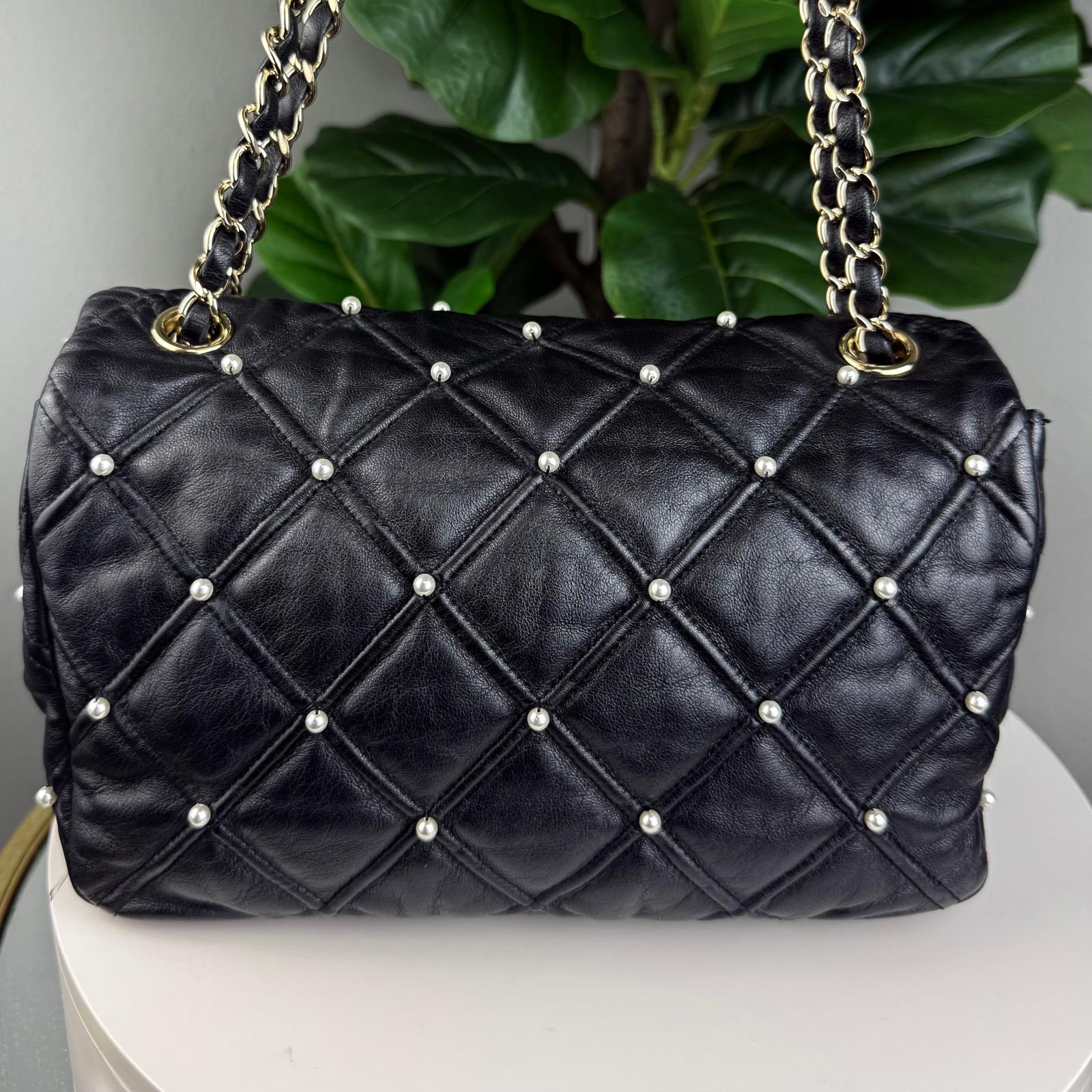 Authentic Chanel Lambskin Quilted Pearl Studded Flap Black Shoulder Bag