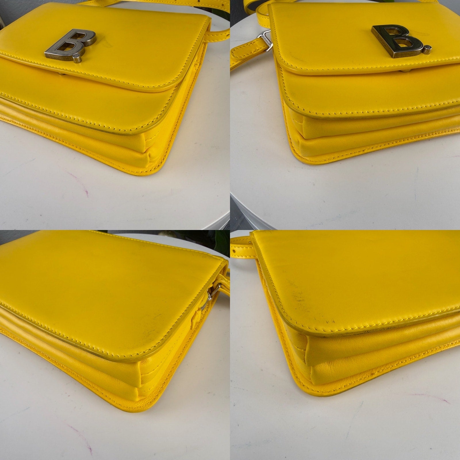 Balenciaga Yellow Leather B Logo Crossbody Shoulder Bag Authentic Pre Owned