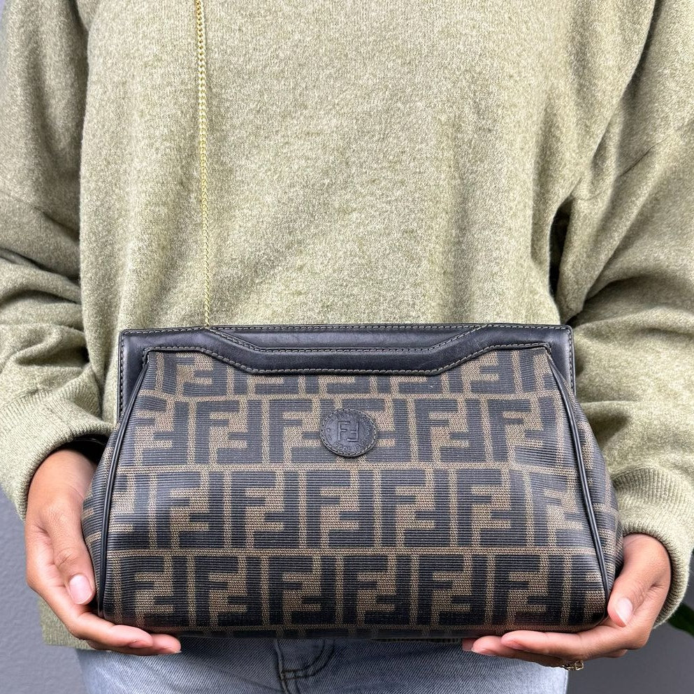 Fendi Pochetter Zucchino Vintage Shoulder Bag Gold Chain