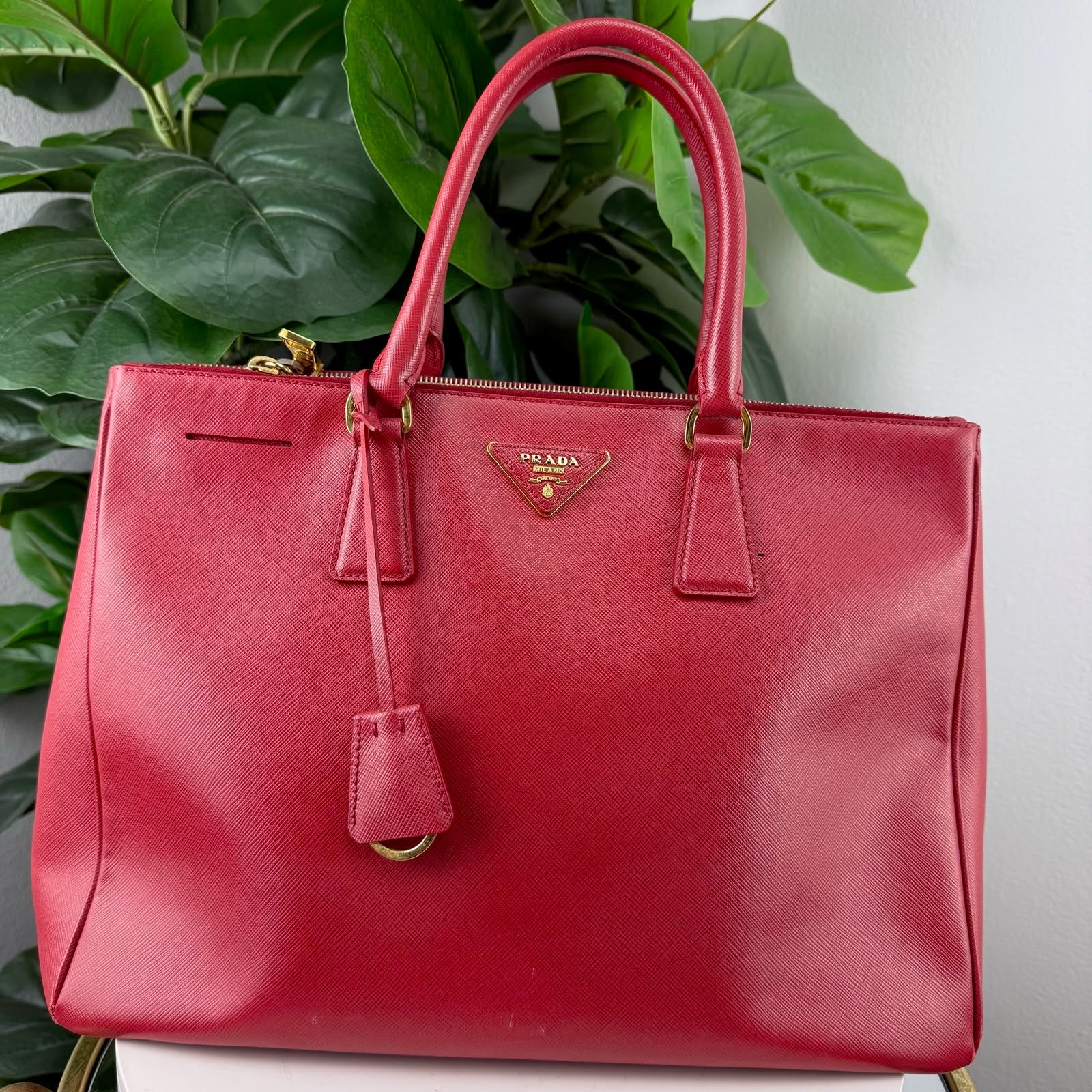 Authentic Prada Saffiano Lux Galleria Double Zip Tote Bag Red
