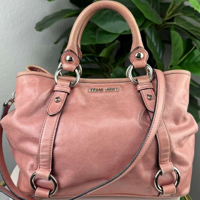 Authentic Miu Miu Vitello Shine 2-way Handbag Pnk Leather