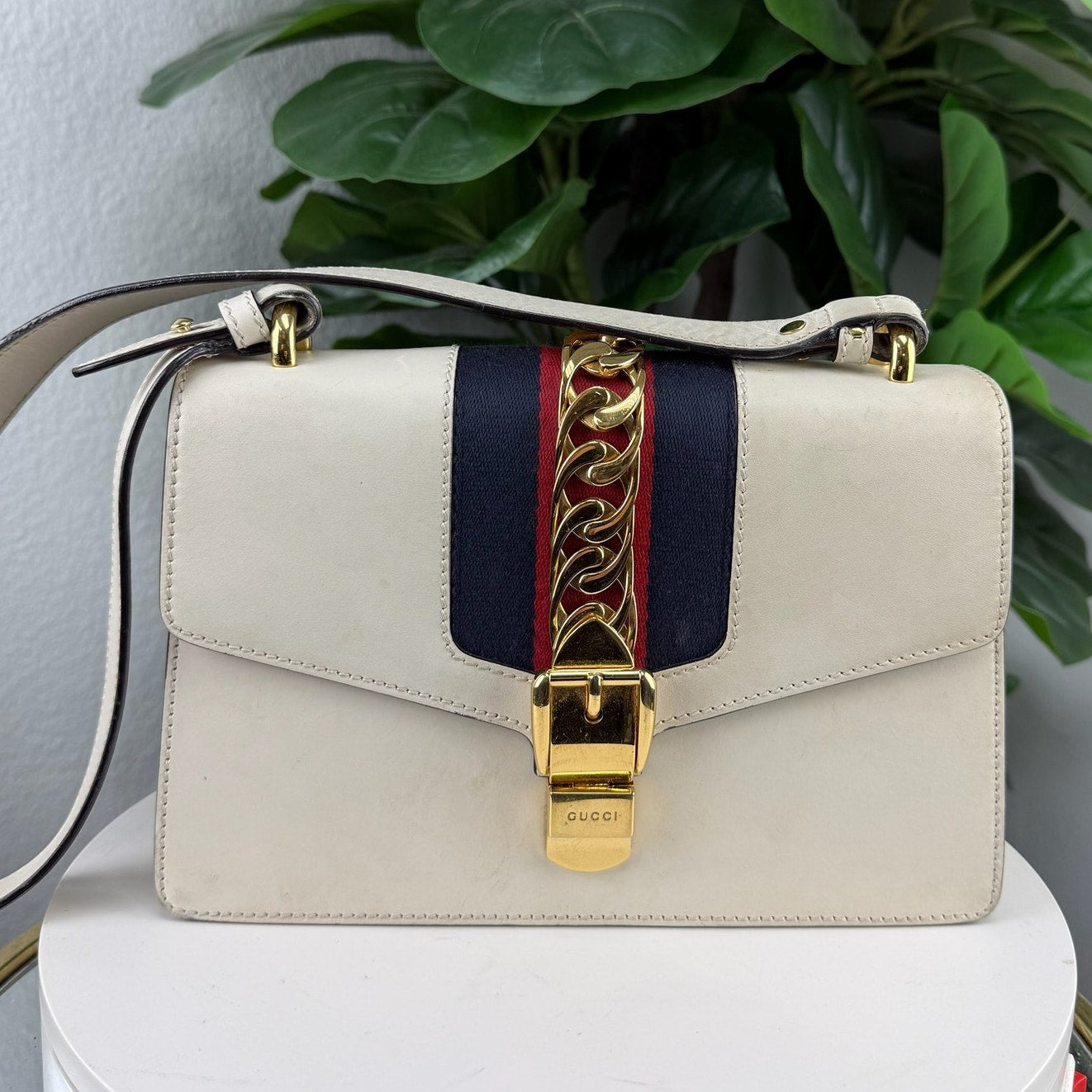 Gucci White Smooth Leather Small Sylvie Shoulder Bag