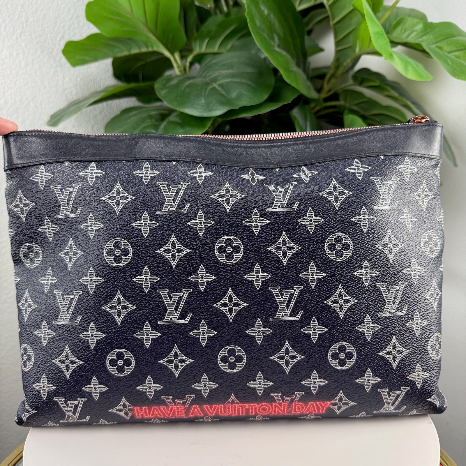 Authentic Louis Vuitton Navy Ink Monogram Canvas Upside Down Apollo GM Pochette