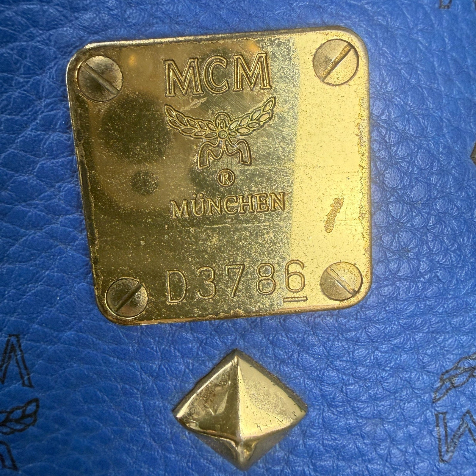MCM Stark Studded Visetos Blue Leather Backpack Authentic Pre Owned