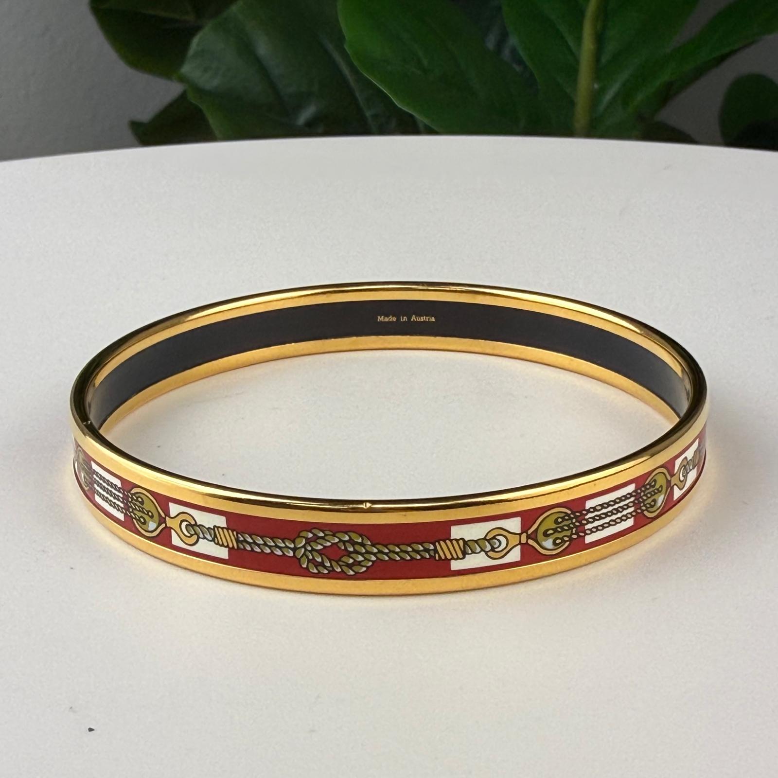 💎Authentic Hermes Plated Narrow Red Enamel Bracelet with Rope Size 8 1/4"