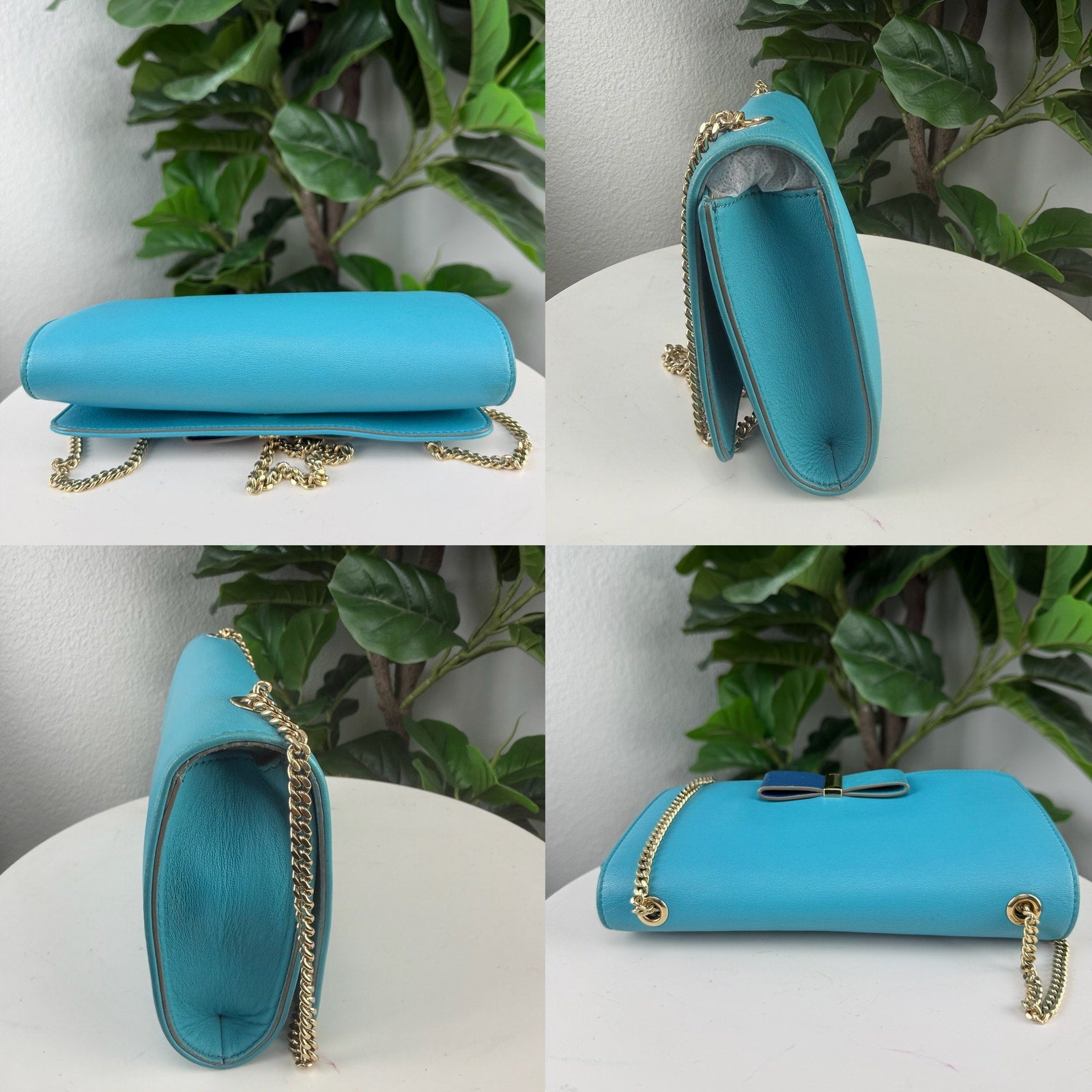 Chloe Leather Blue Bow Chain Wallet Crossbody Bag Authentic Pre Owned