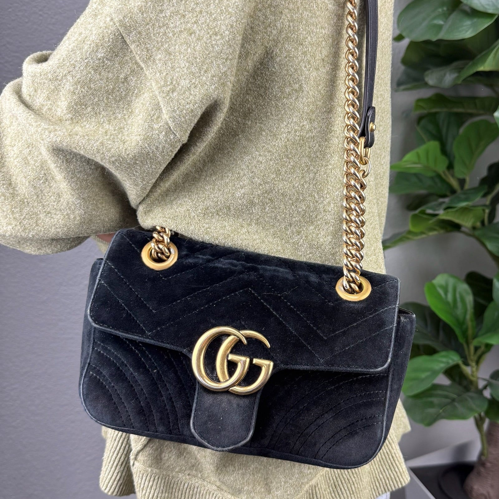 Authentic Gucci GG Marmont Black Chevron Velvet Shoulder Bag