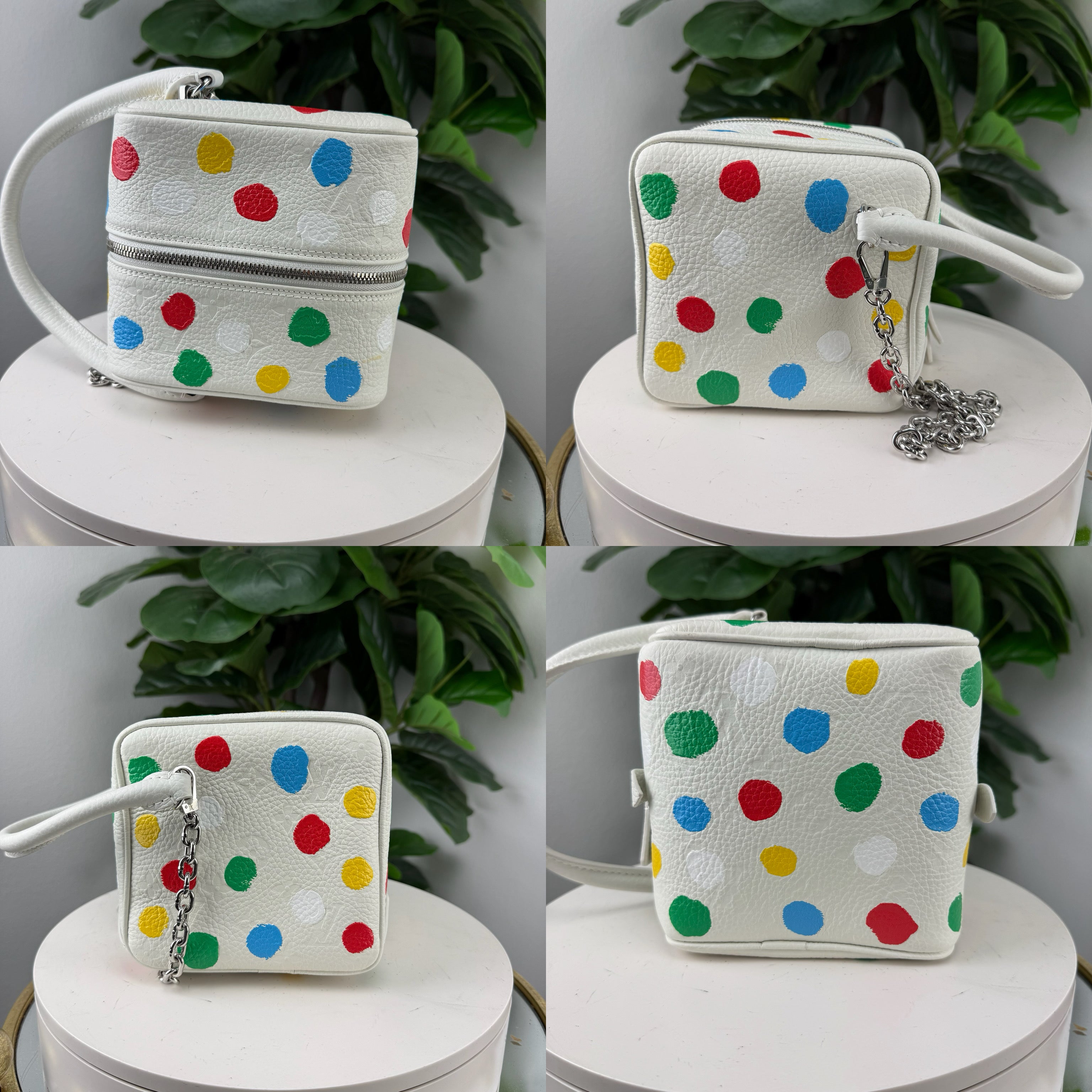 Authentic Louis Vuitton x Yayoi Kusama White Pebbled Leather Infinity Dots Square Bag