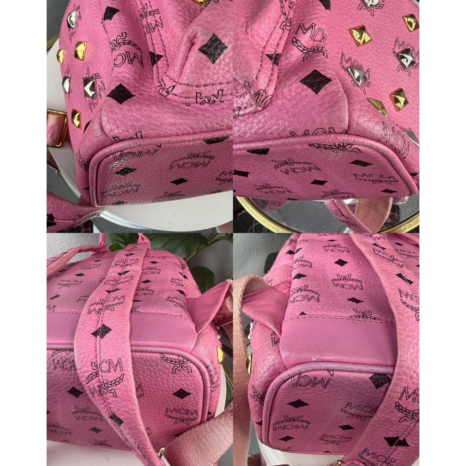MCM Pink Visetos Studded Stark Backpack