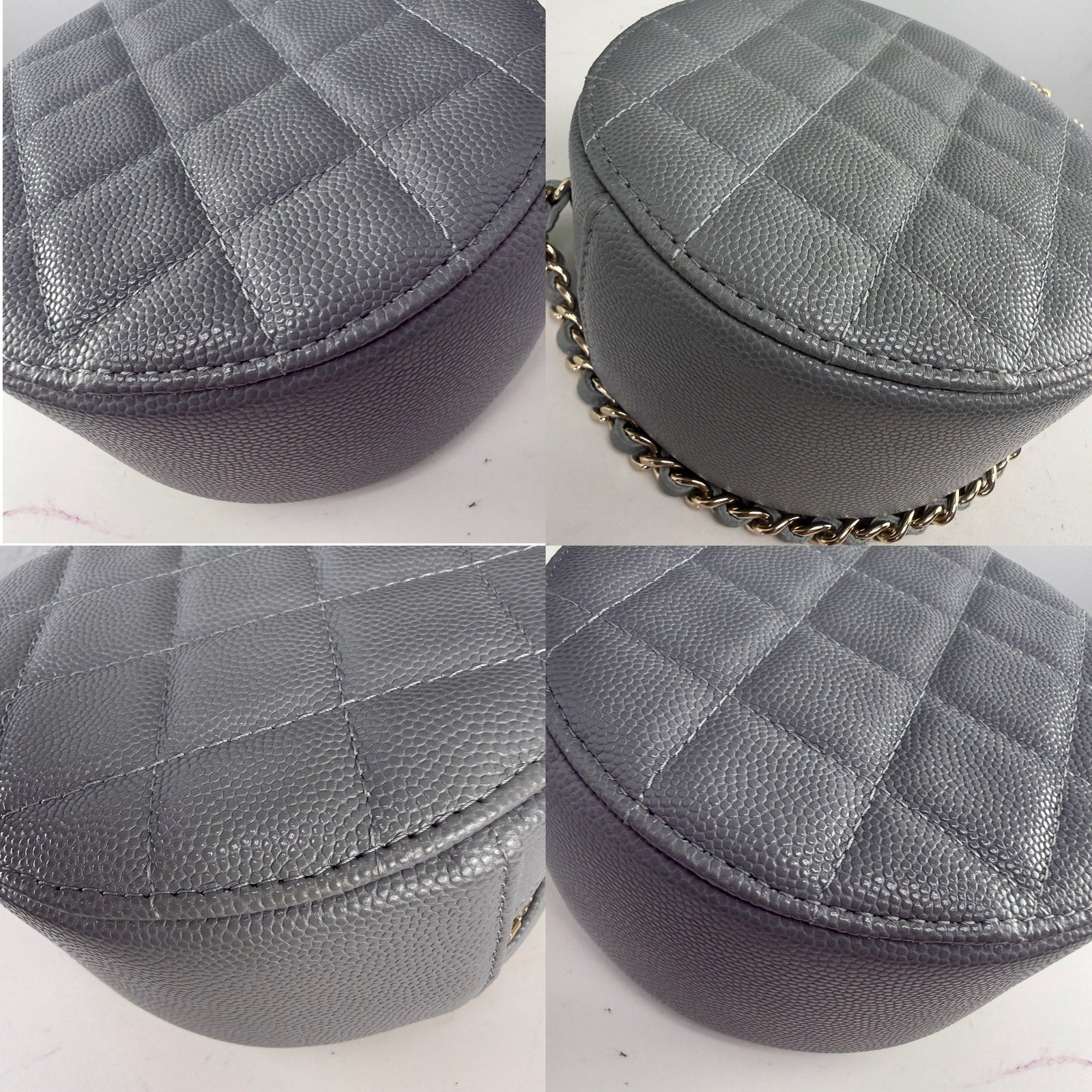 A1💎✨ Authentic Chanel Round Quilted Caviar Gray Leather Chain Crossbody Bag