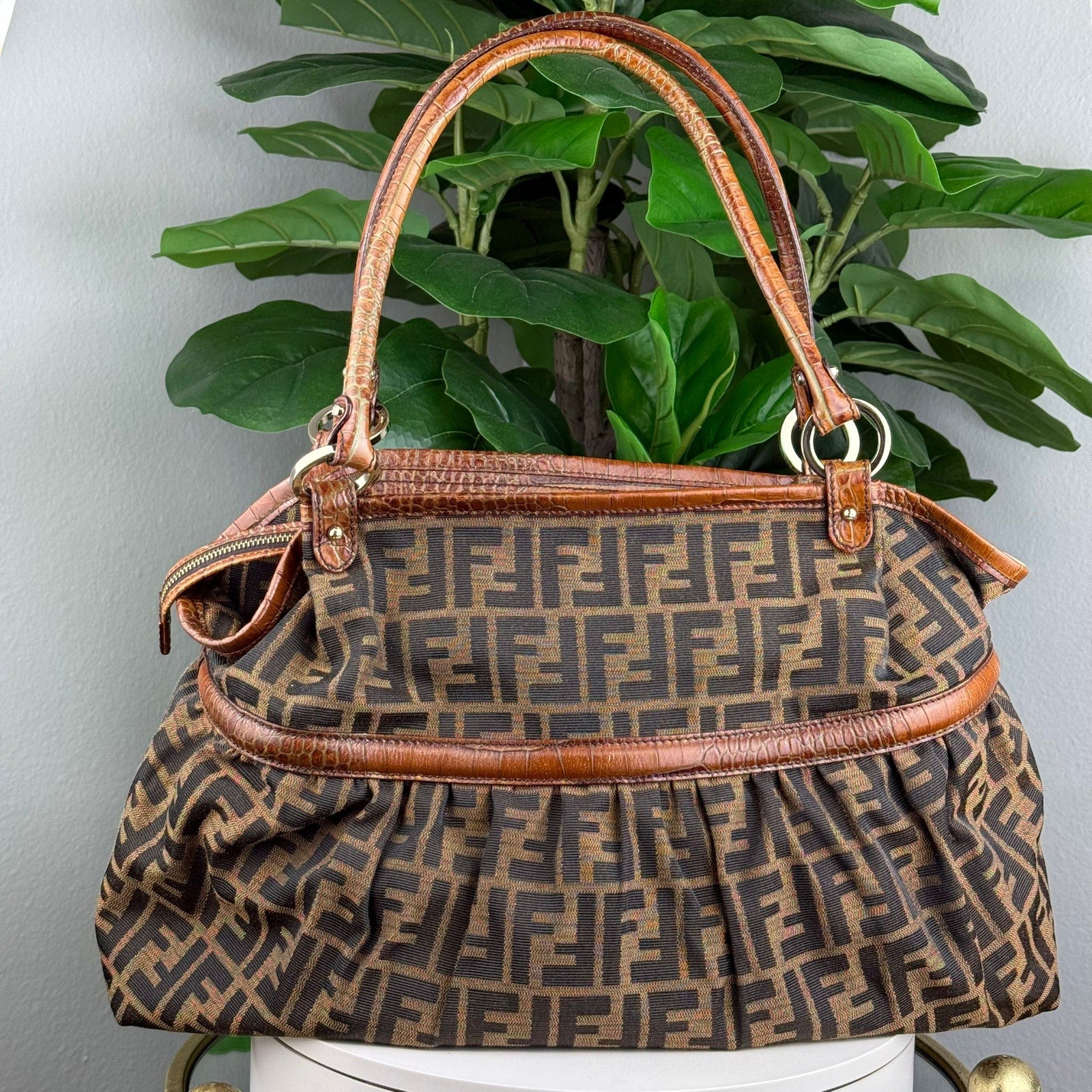 Authentic Fendi Tobacco Zucca print Croc Embossed Chef Tote Bag