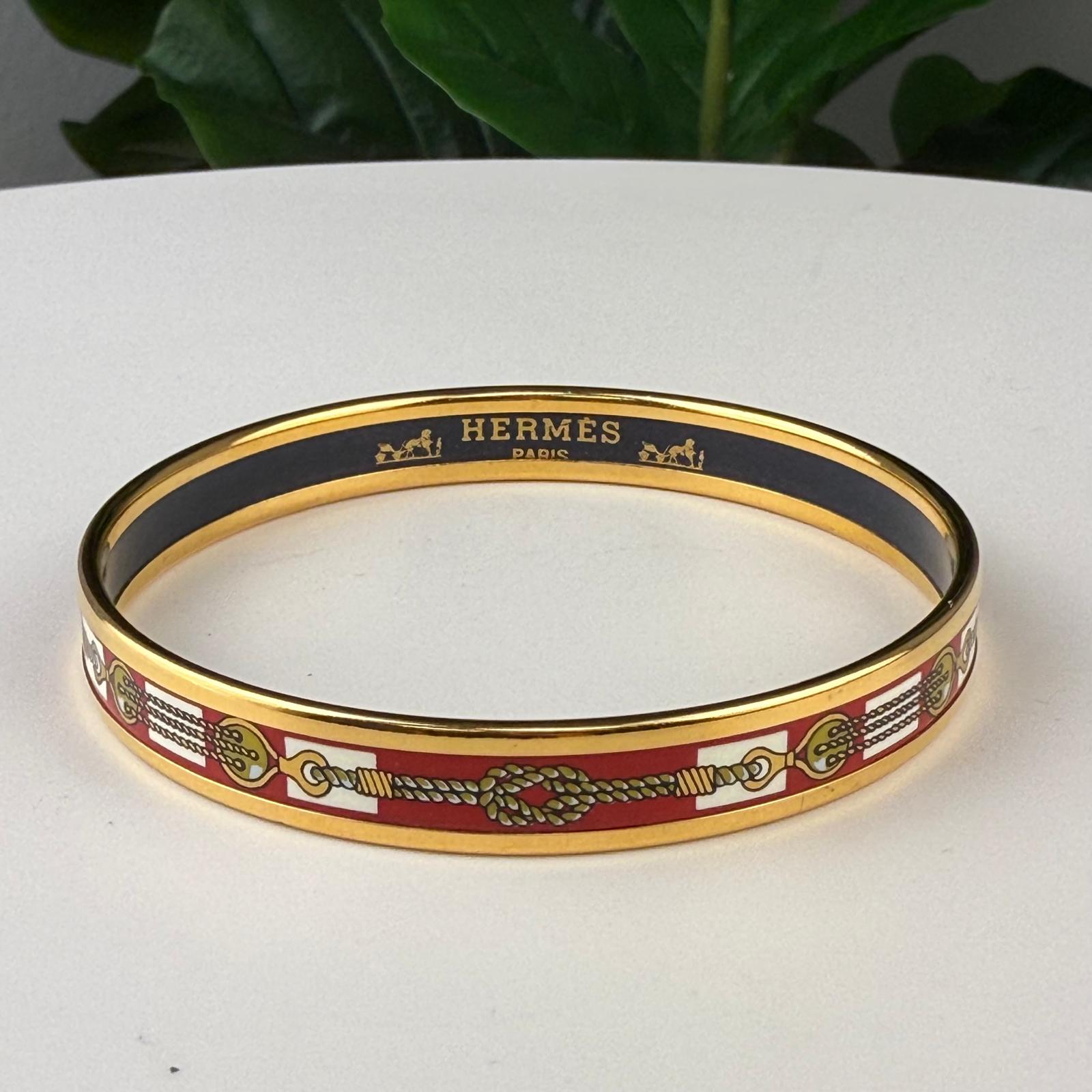 💎Authentic Hermes Plated Narrow Red Enamel Bracelet with Rope Size 8 1/4"