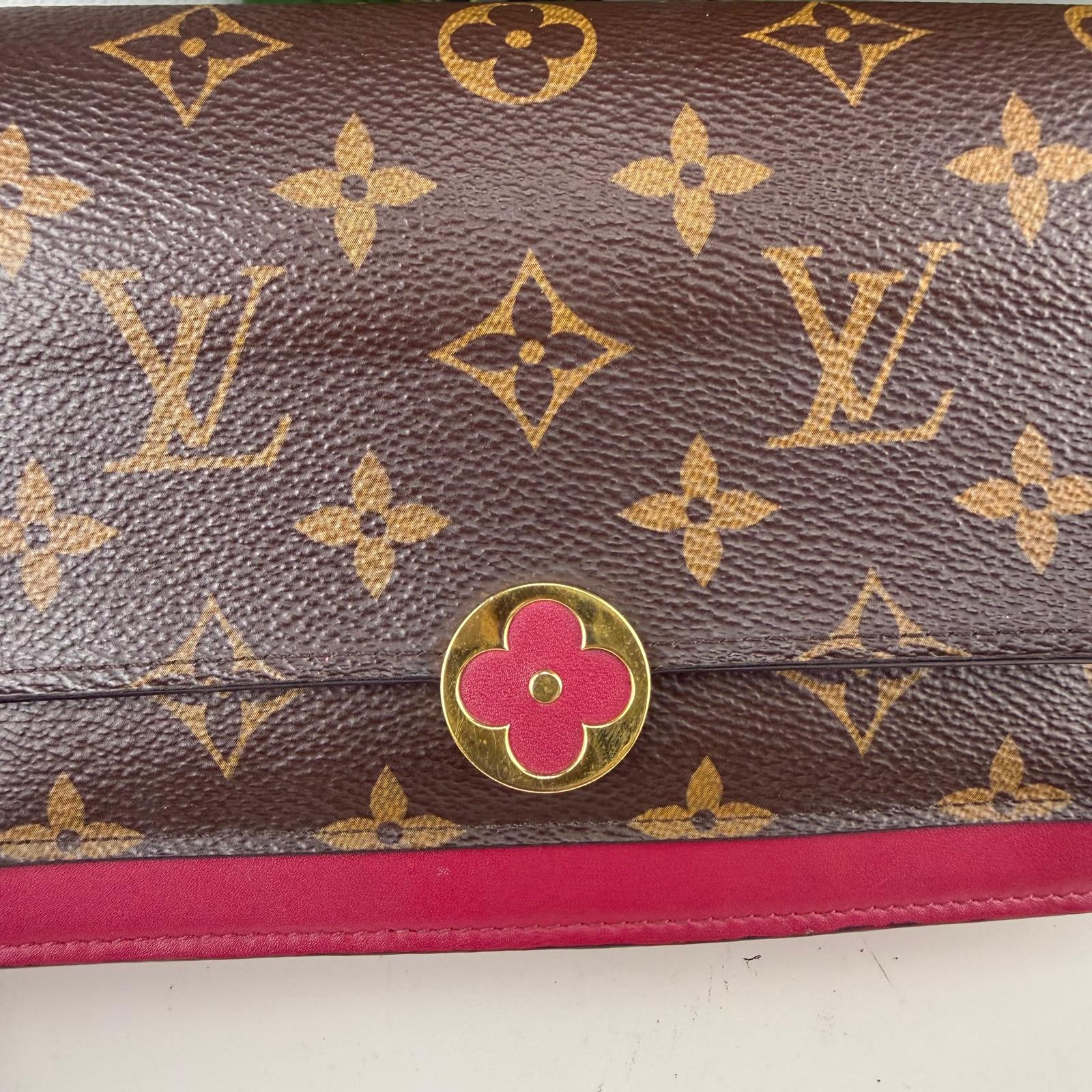 Authentic Louis Vuitton Flore Chain Brown Monogram Canvas Fuchsia