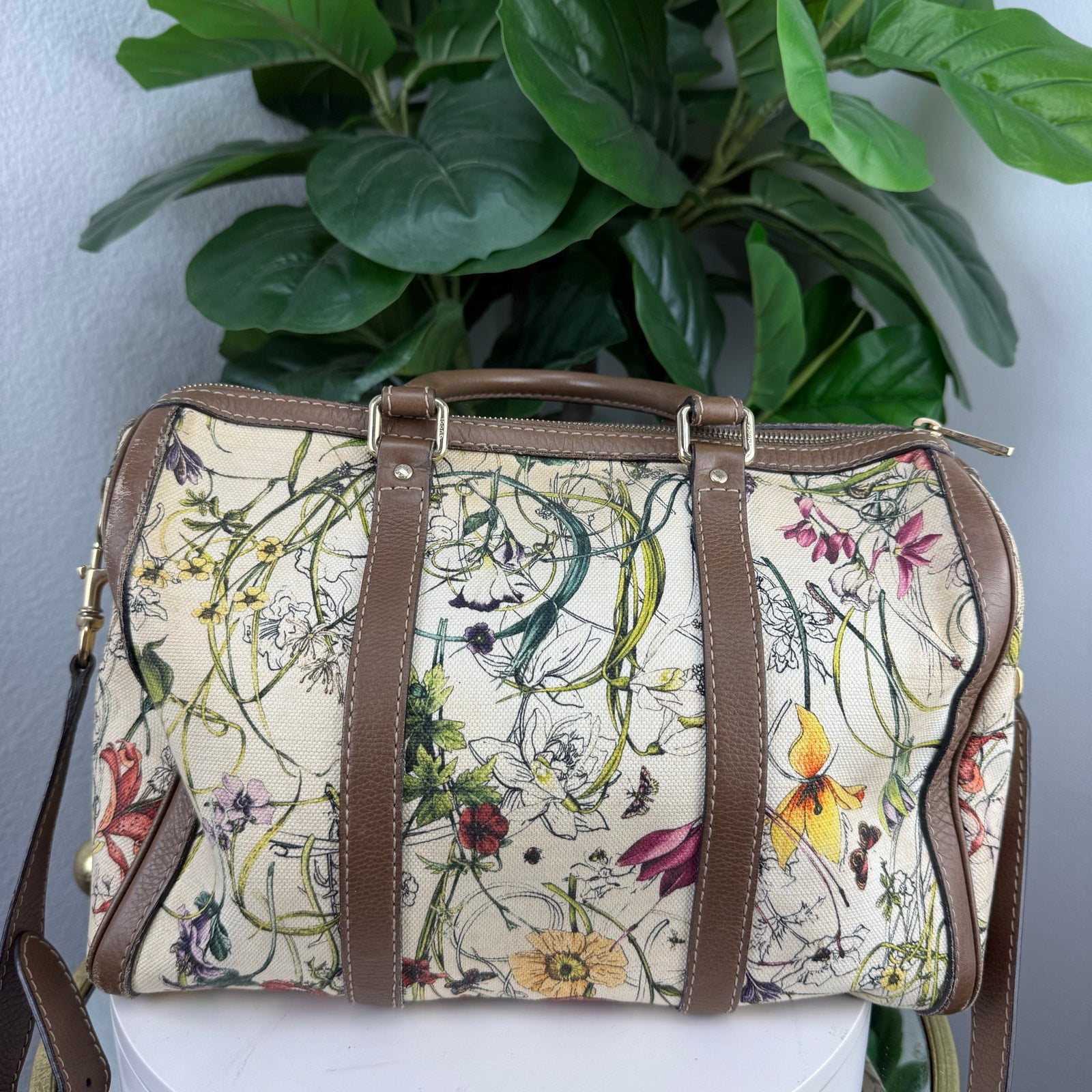Gucci Flora Print Medium Boston Bag Canvas Leather Crossbody Authentic Pre Owned