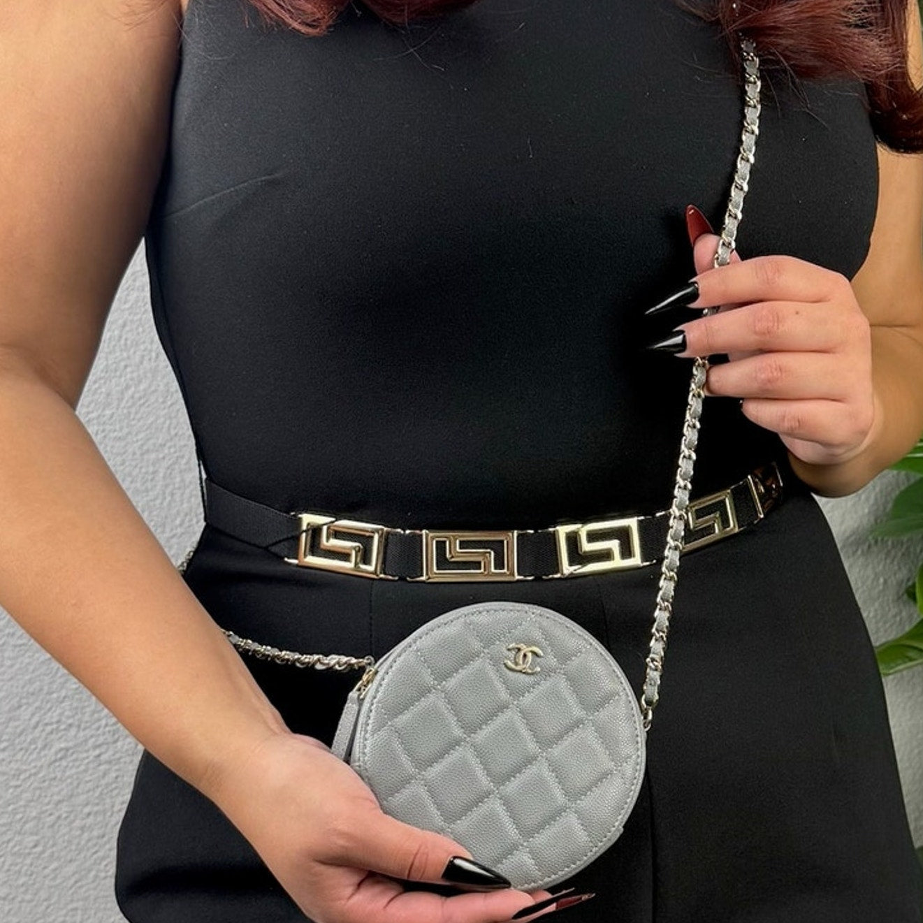 A1💎✨ Authentic Chanel Round Quilted Caviar Gray Leather Chain Crossbody Bag