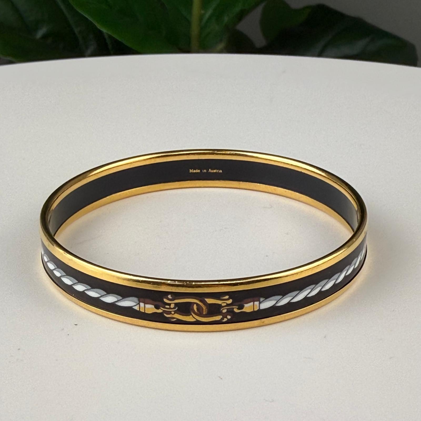 💎Authentic Hermes Enamel Printed Rope Chain Link Narrow Bangle 65 Black