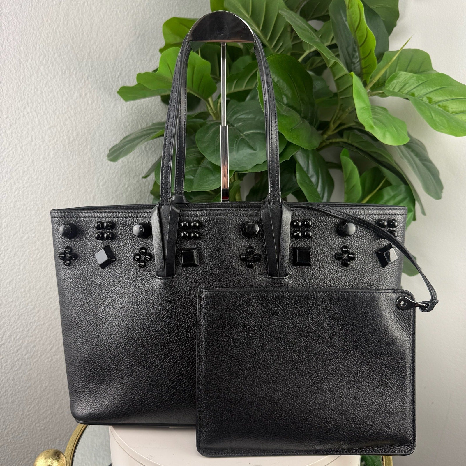 Christian Louboutin Cabata Black Embellished Leather Tote Bag Authentic Pre Owned