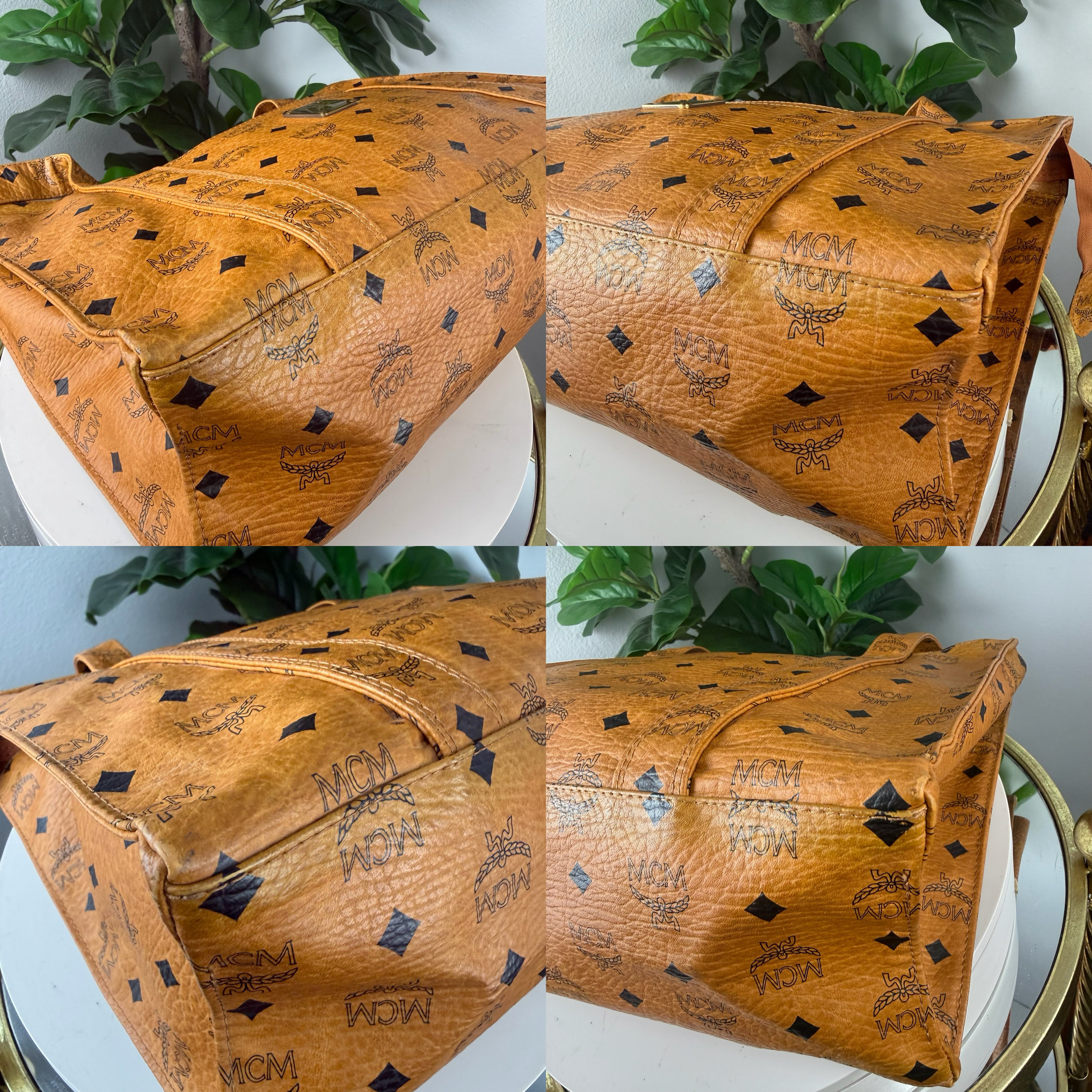 Authentic MCM Cognac Visetos Coated Canvas Large Shoulder Tote Bag